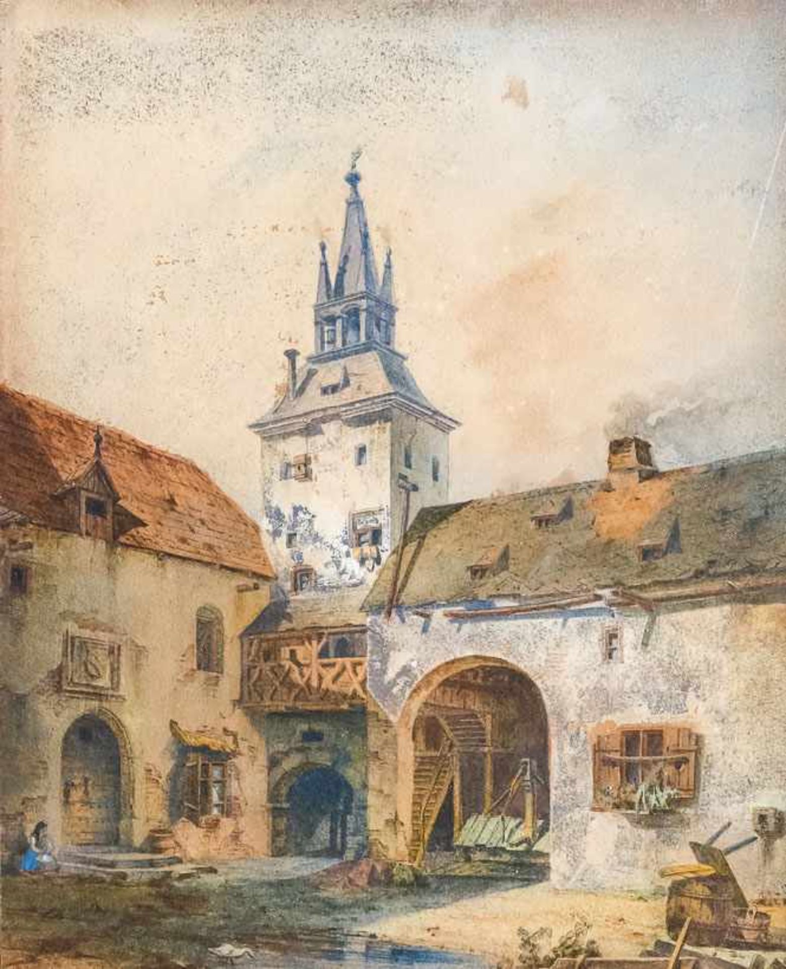 Lohse, Johann (1789-1874) Innenhof mit Turm, Brunnenlaube, Torbogen und Treppbögen sowie kleinem