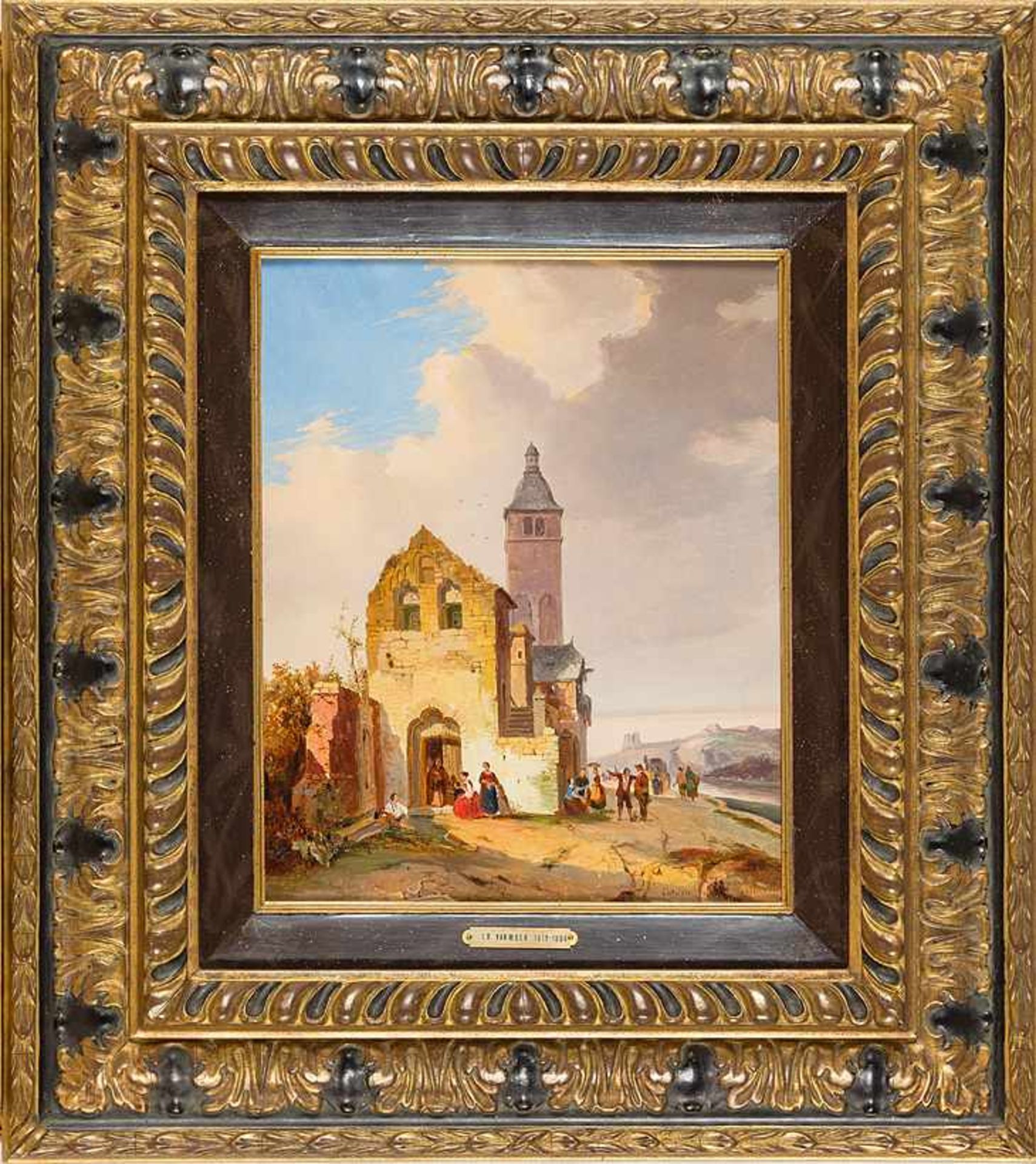 Moer, Jean Baptiste Van (Brüssel, 1819-1884) Carden, Moselle. Ruinöse Kapelle mit Turm. In der Tür