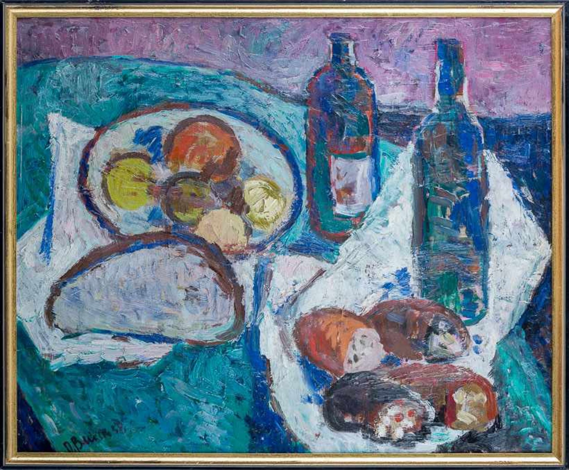 Beirich, Dieter (geb. 1935) Brotzeitstilleben. Brot, Obst, Wein und Blut- und Leberwurst. Sign. u.