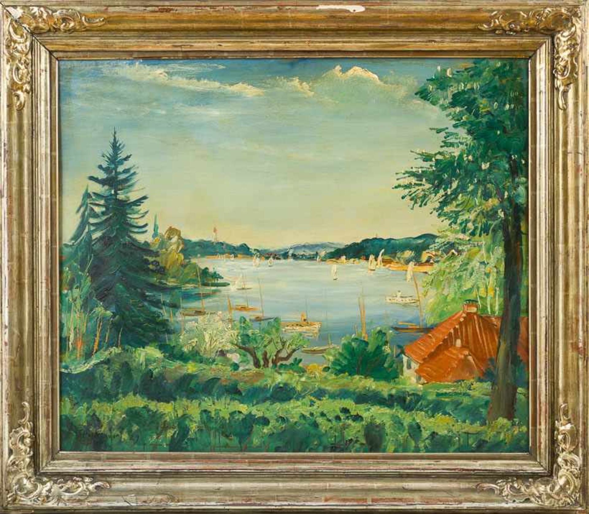 Heckendorf, Franz (Berlin, München 1888-1961) Oberbayrischer See mit bewaldeten Ufern und Kirchturm.
