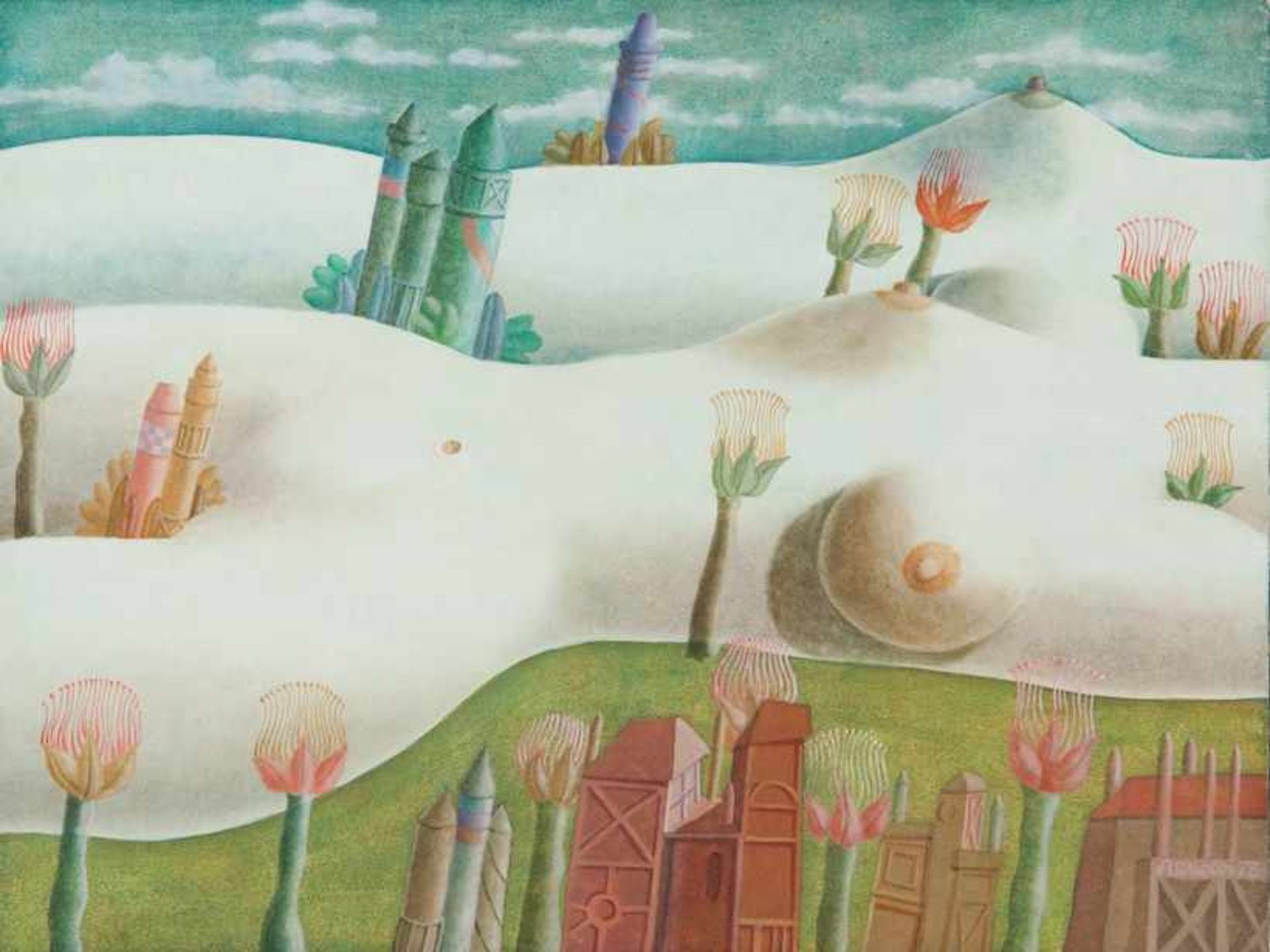 Arnoldi, Uz (geb. 1936 Berlin) Drei Gemälde: a) weibliche Landschaft. 1973. 24×31,5 cm. b) Maßnahmen
