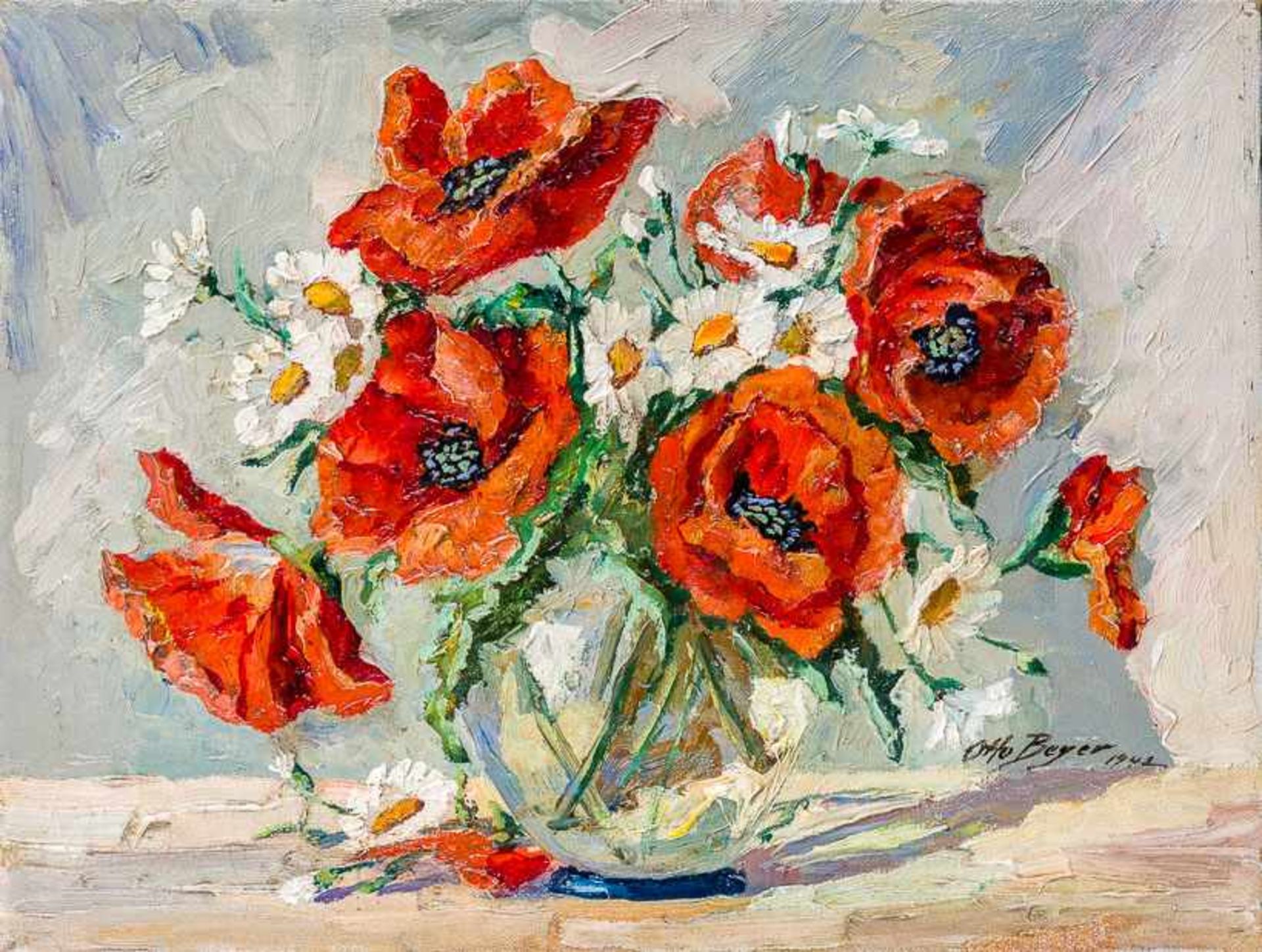 Beyer, Otto (Kattowitz, Berlin 1885-1962) Mohnblumen und Margeriten in Glaskugelvase. Sign. u.