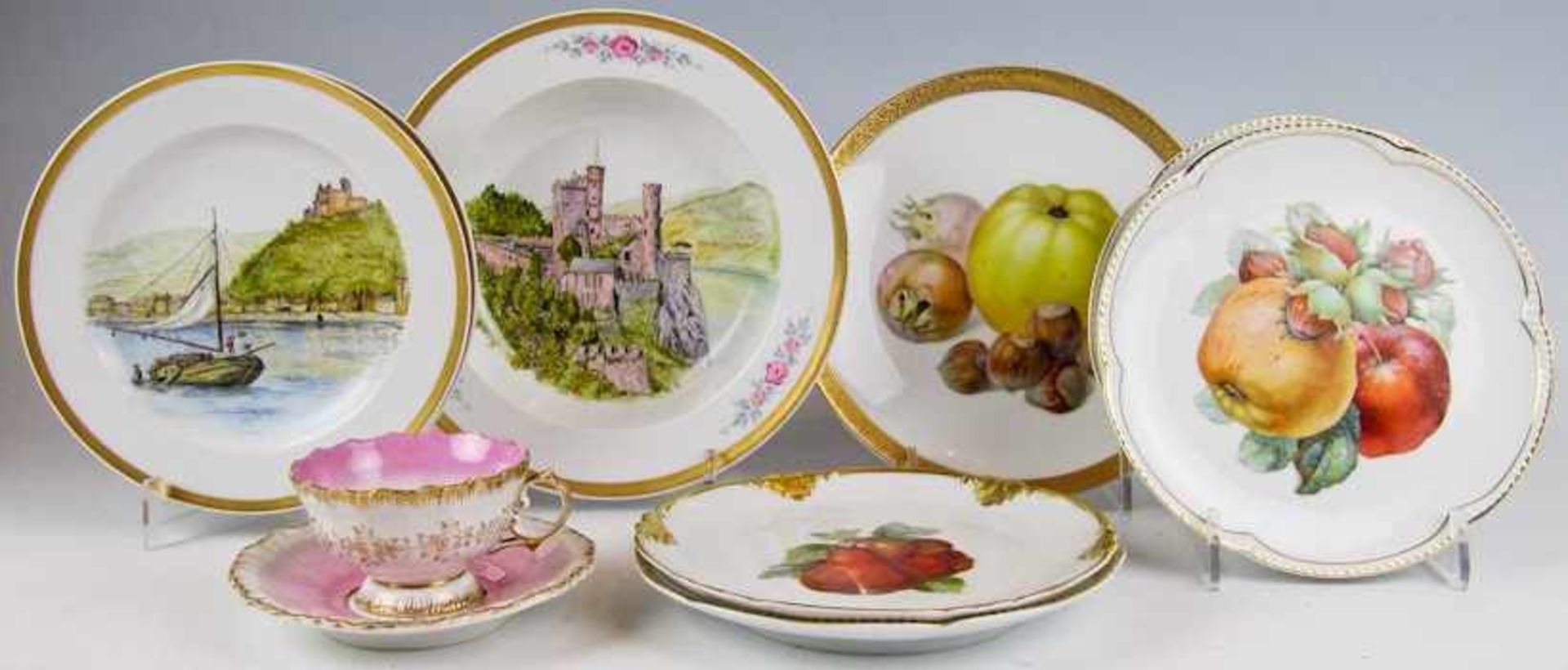 Zwei tiefe Teller und 2 Dessertteller mit farbigen AnsichtenMeissenBurg Stolzenfels, Burg Sooneck,
