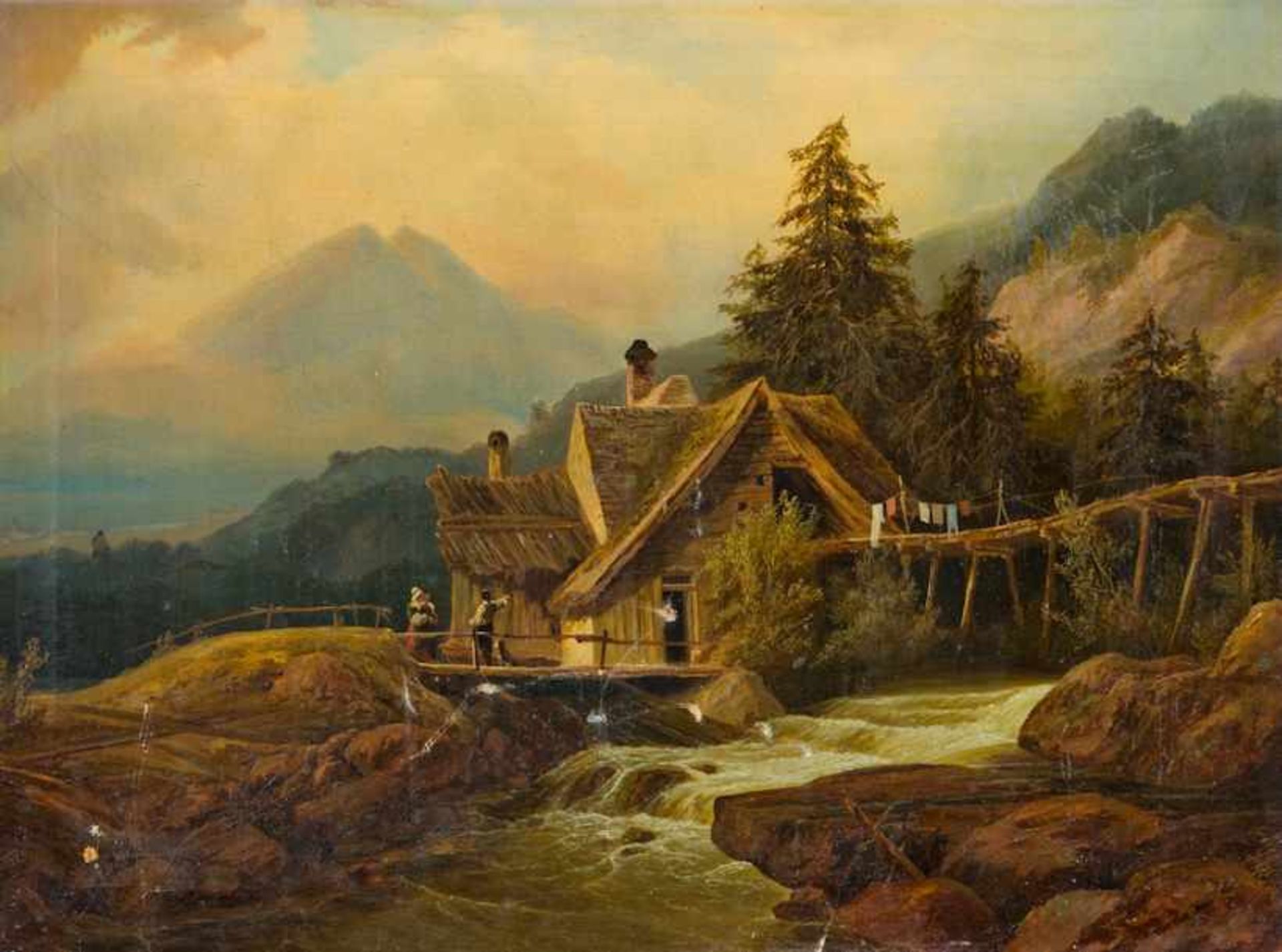 Deutscher Maler (um 1880) Gebirgslandschaft mit Wassermühle an Gießbach mit schmaler Holzbrücke. Vor