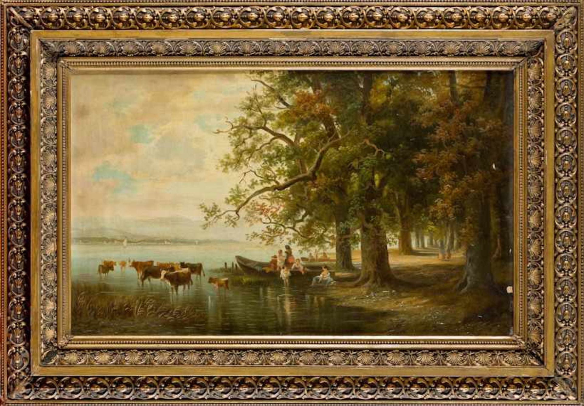 Unbekannter Landschaftsmaler (Um 1900) Oberbayerischer See mit Buchenhain.Am Ufer Kühe im seichten