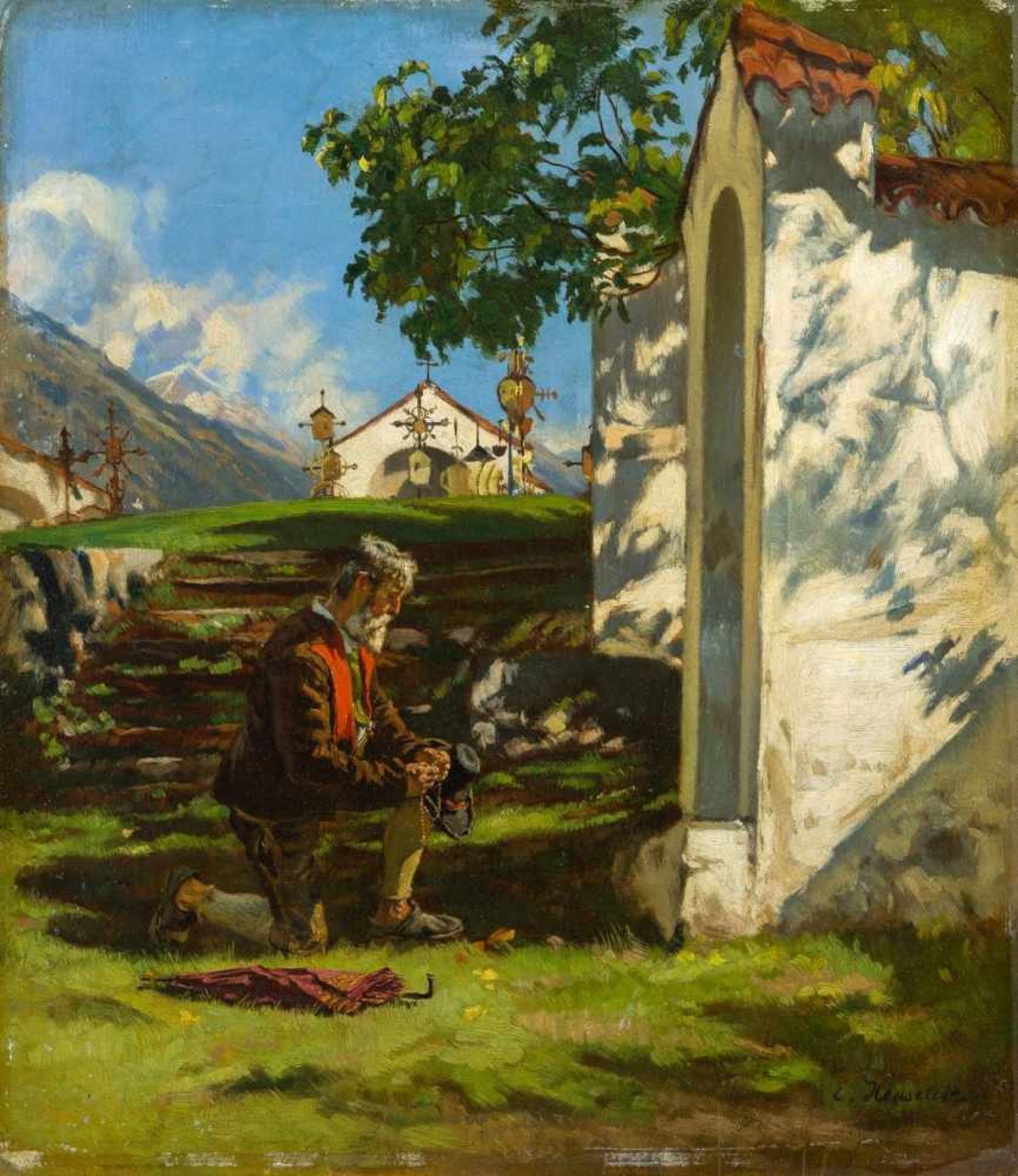 Henseler, Ernst (Wepritz, Berlin 1852-1940) Aus Südtirol.Kniender Bauer vor Wegkapelle bei der