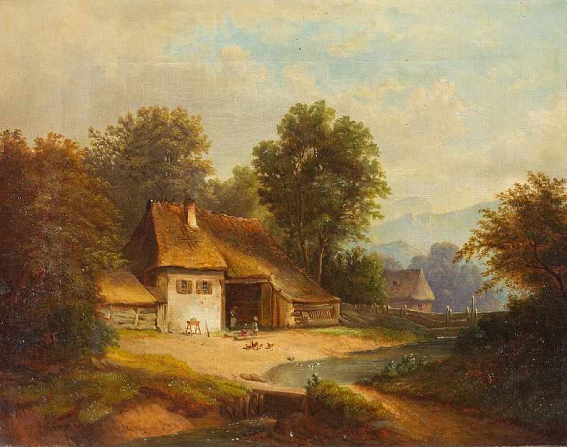 Landschaftsmaler (um 1880/1890) Gebirgslandschaft an kl. Flußlauf und Brücke. Vor dem Haus