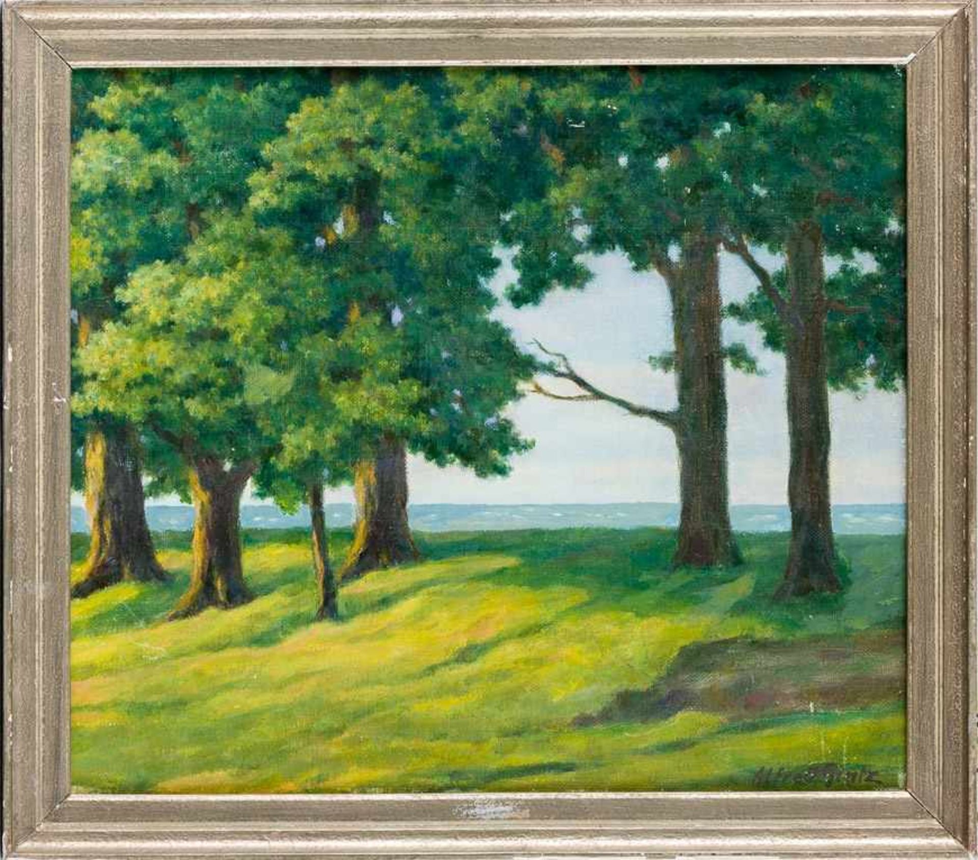 Glatz, Alfred (Cottbus, Berlin 1870–1945) Insel Vilm.Blick durch Baumgruppe auf die Ostsee. Sign.