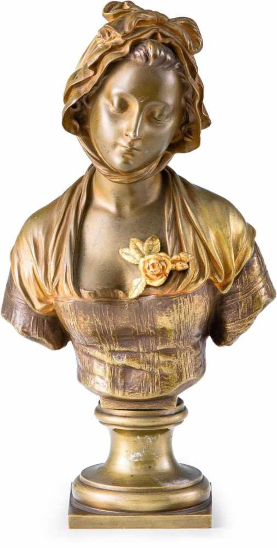 Laurent, Eugene (1832–1898) Büste einer jungen Frau mit Rose am Dekolleté.Bronze, bemalt. Sign.