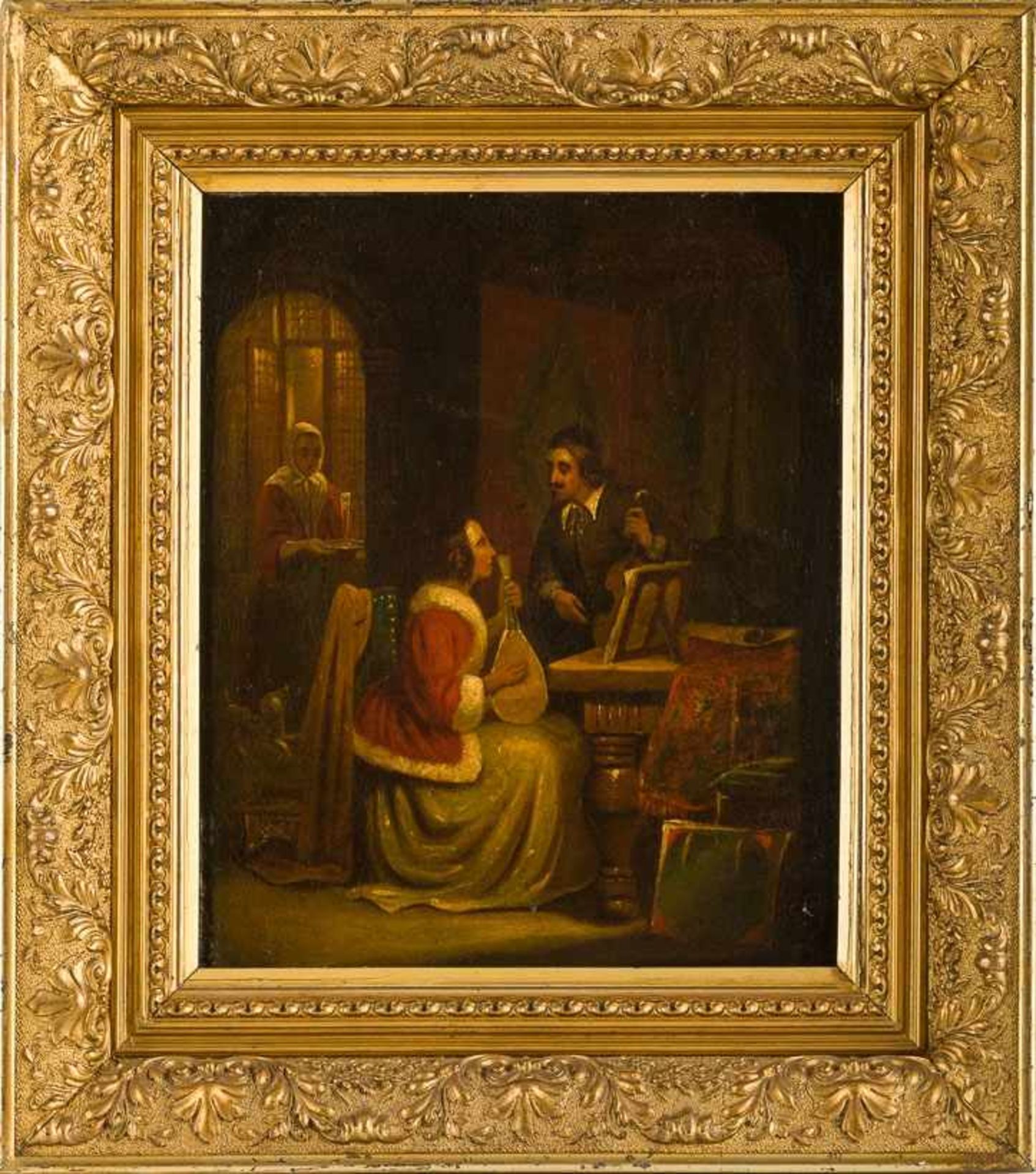 Hollander, Hendrik (Leeudwarden, Amsterdam 1823-1884) Musikstunde.Interieur mit Pärchen am