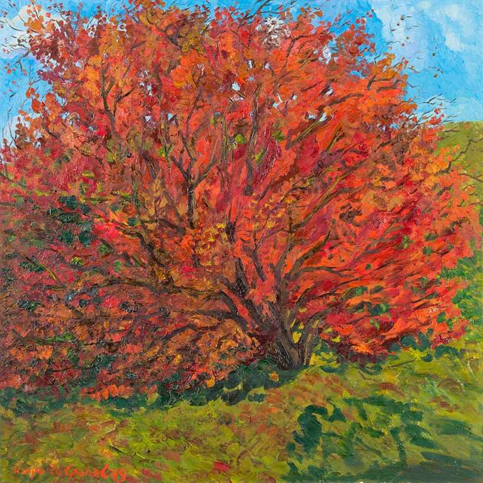 Bulgarischer Künstler (um 1979) Rot gefärbter Baum.Schwer lesbar sign.: Igor ... u. dat. (19)79.