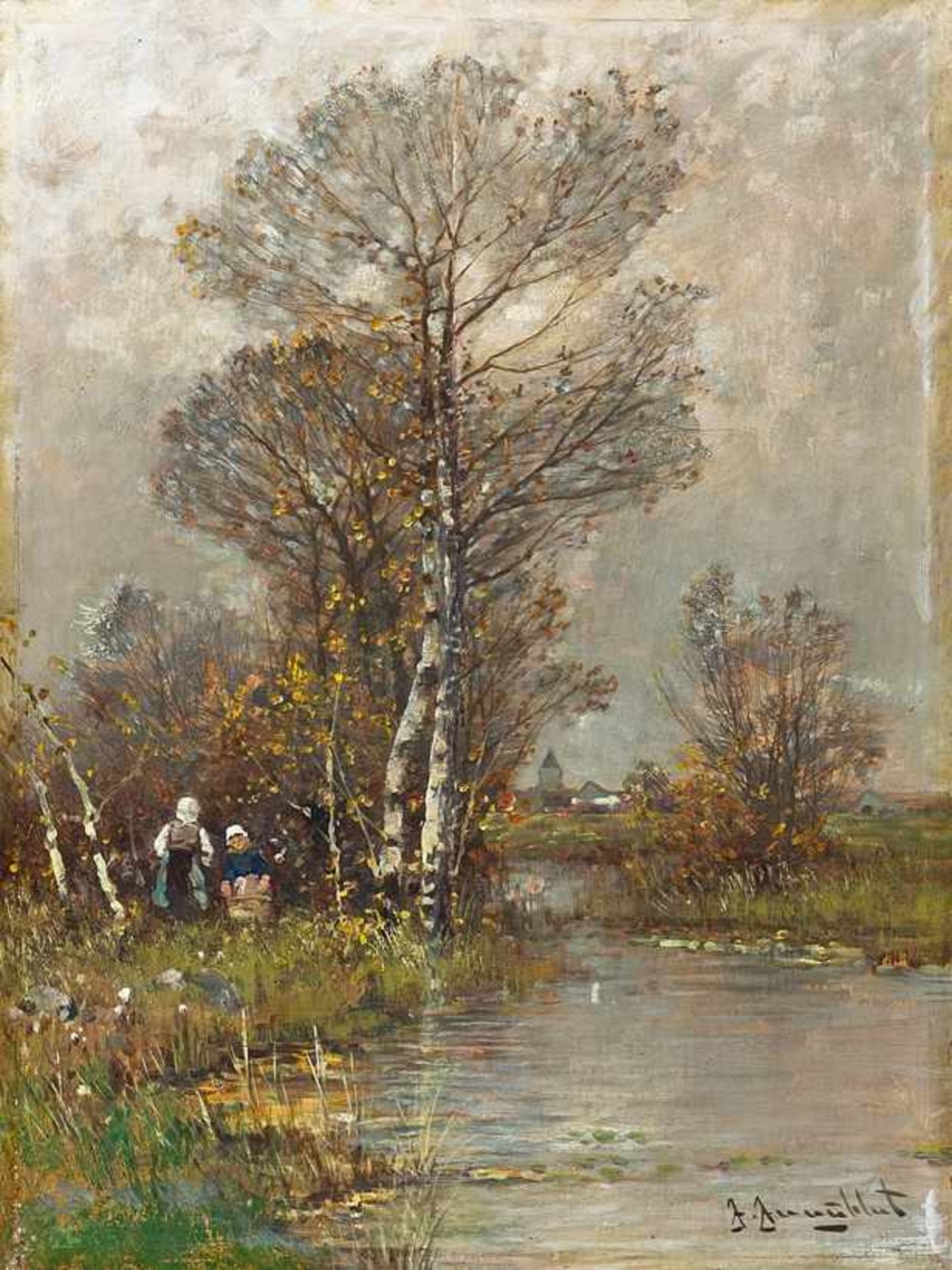 Jungblut, Johann (Saarburg, Düsseldorf 1860-1912) Herbstliche Wasserlandschaft am Niederrhein mit