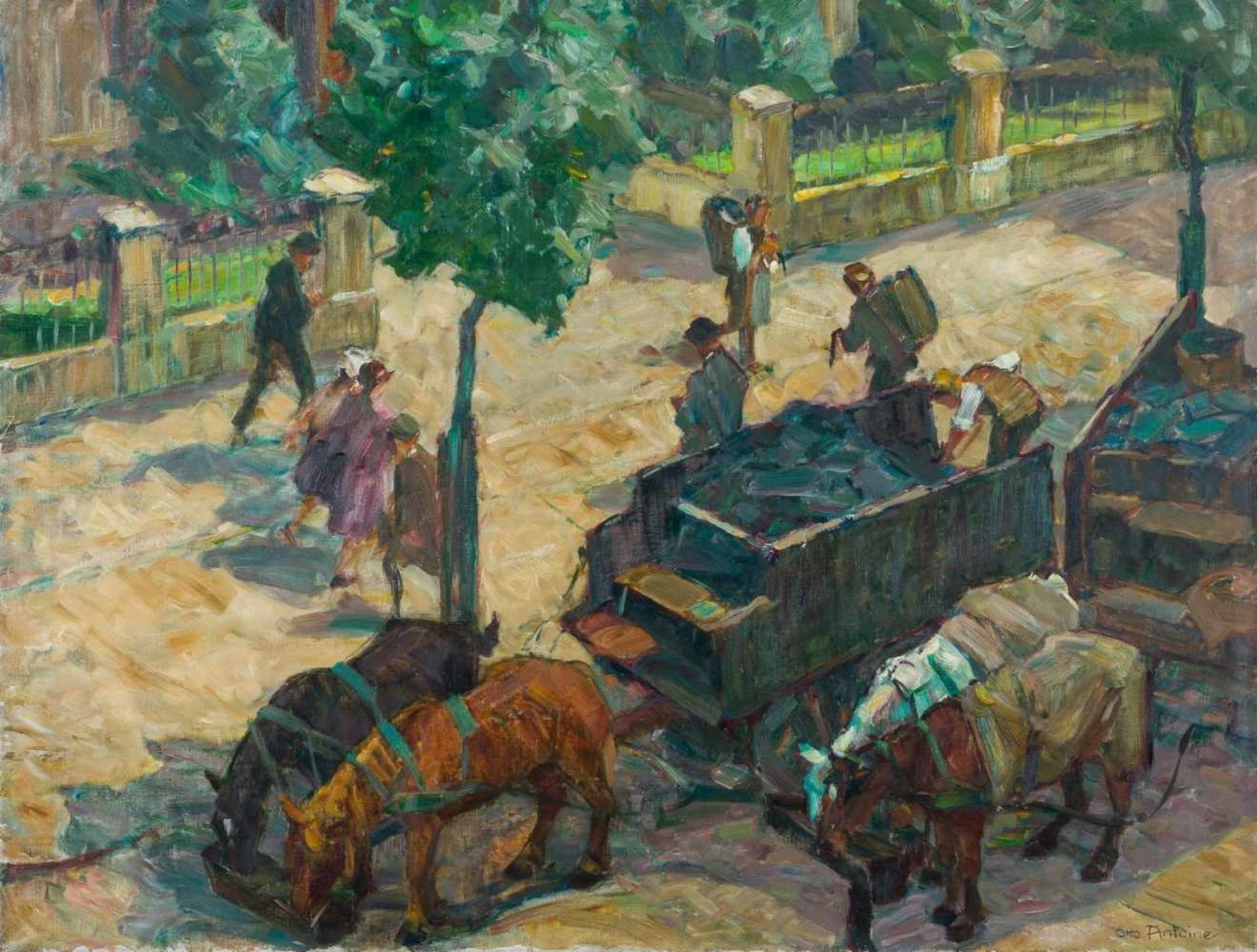 Antoine, Otto (Koblenz, Berlin 1865-1951) Kohlenwagen.Kohlentrimmer beim Ausladen vor Eingang. Auf