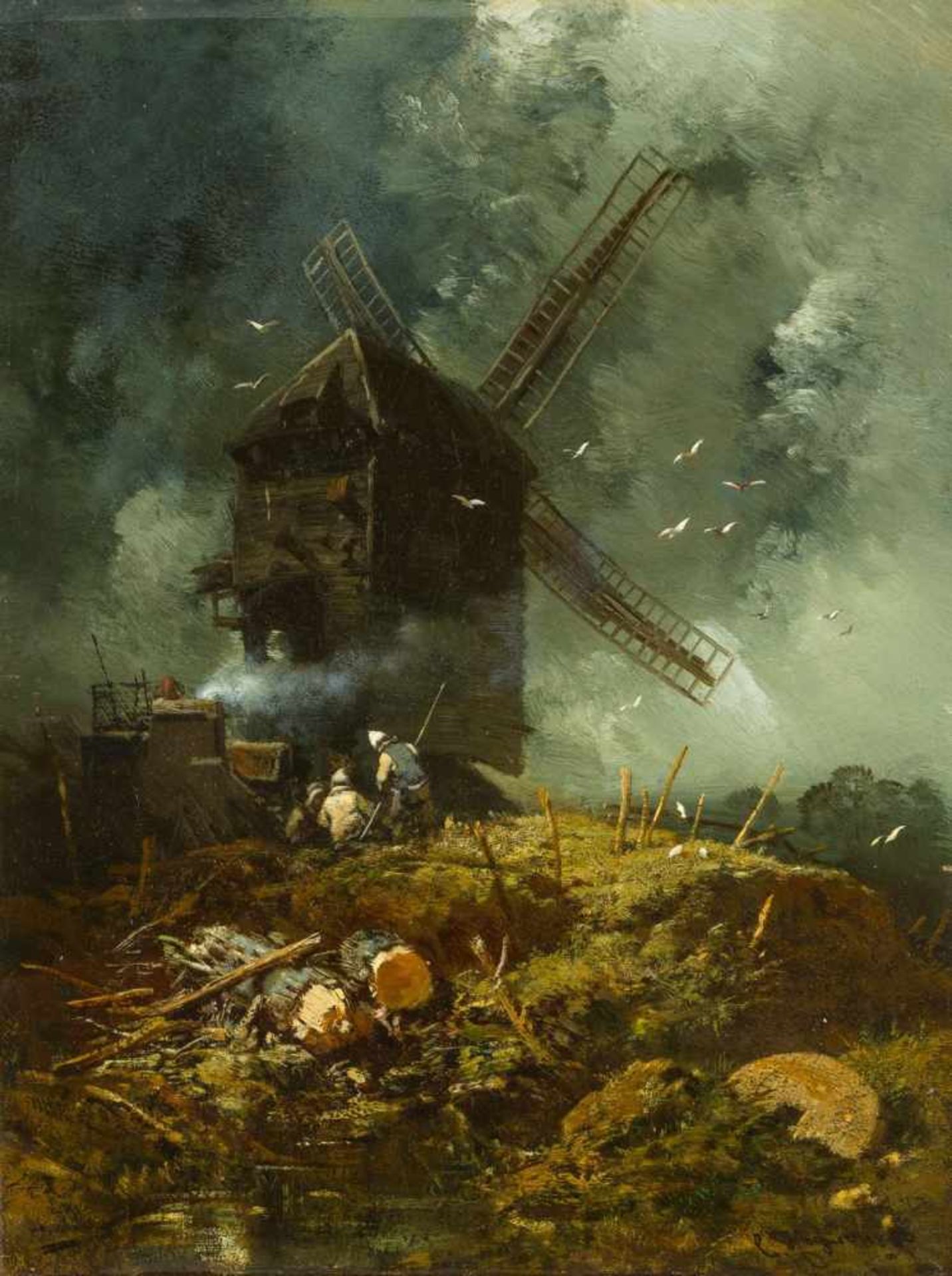 Hoguet, Charles (Berlin 1821-1870) Mühlevor dunklem Gewitterhimmel. Im Windschatten drei Arbeiter.