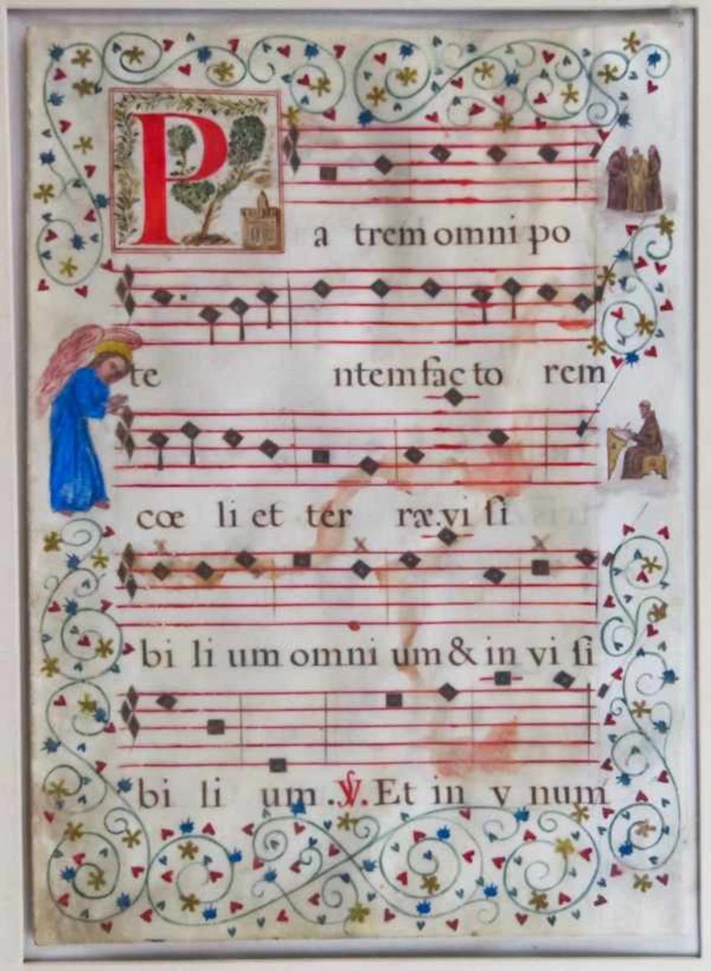 Missale eines Antiphonars.Notenblatt mit ausgemaltem Anfangsbuchstaben und Randschmuck als Ranke mit