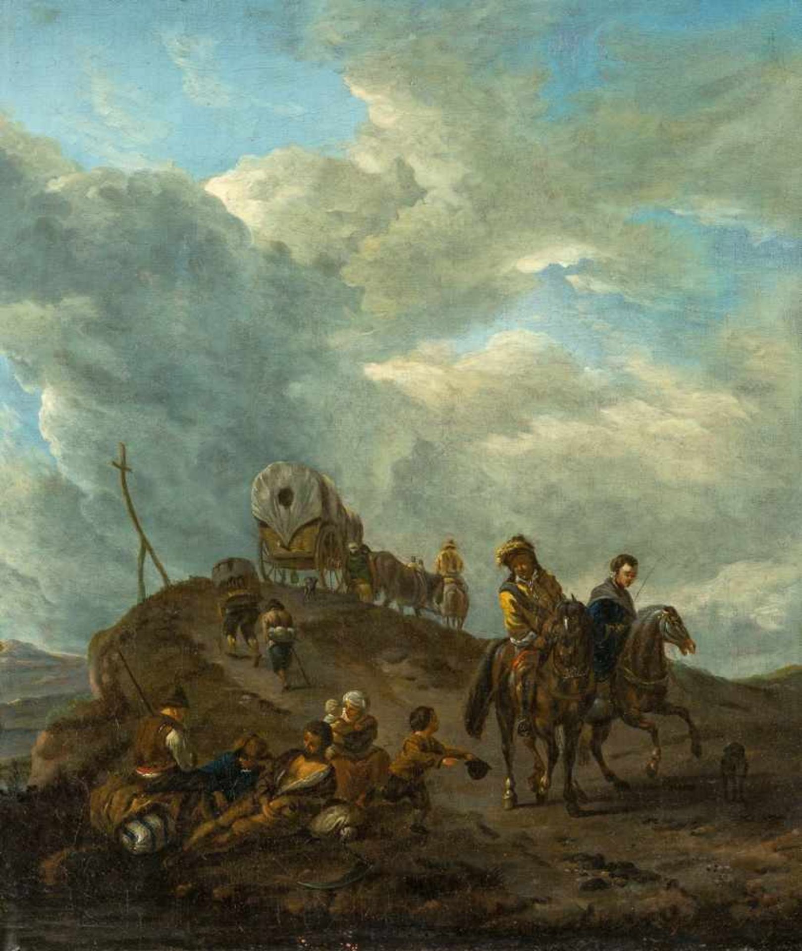 Wouwerman, Philips (Haarlem 1619-1668) Kavaliere zu Pferd auf Wanderweg.Links ruhende Wanderer mit