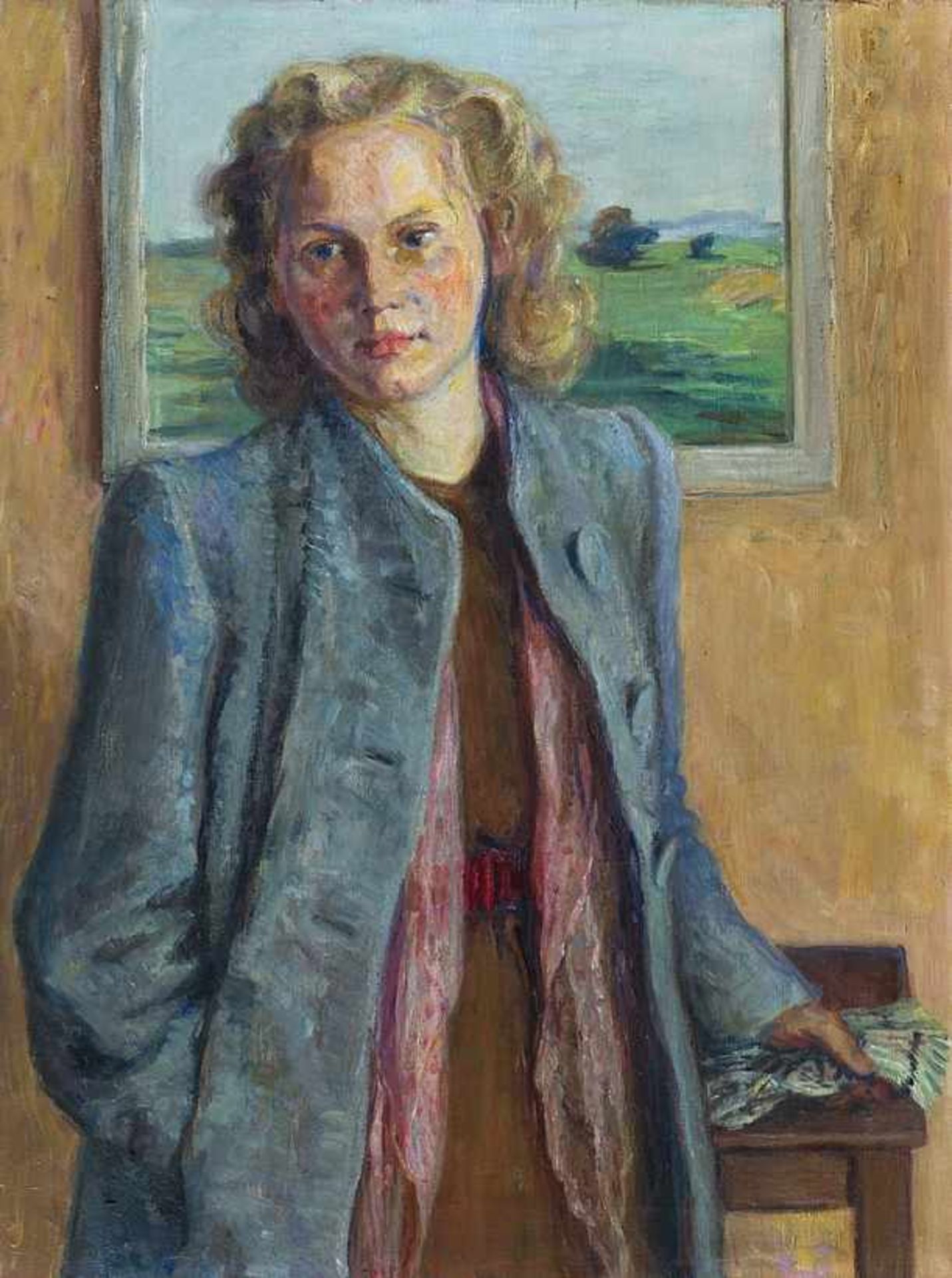 Burckhardt, Paul (Basel 1880-1961) Blonde junge Frau in blauem Mantel vor Landschaftsgemälde.