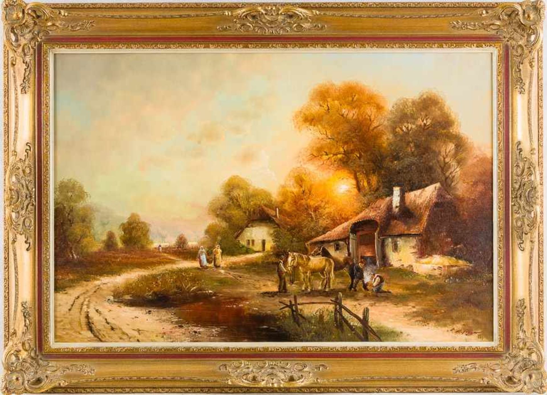 Freyer, L. (Dekorationsmaler, 20. Jh.) Landschaft mit Hufschmiede.Sign. Lwd. 60×90 cm. R.(55042)