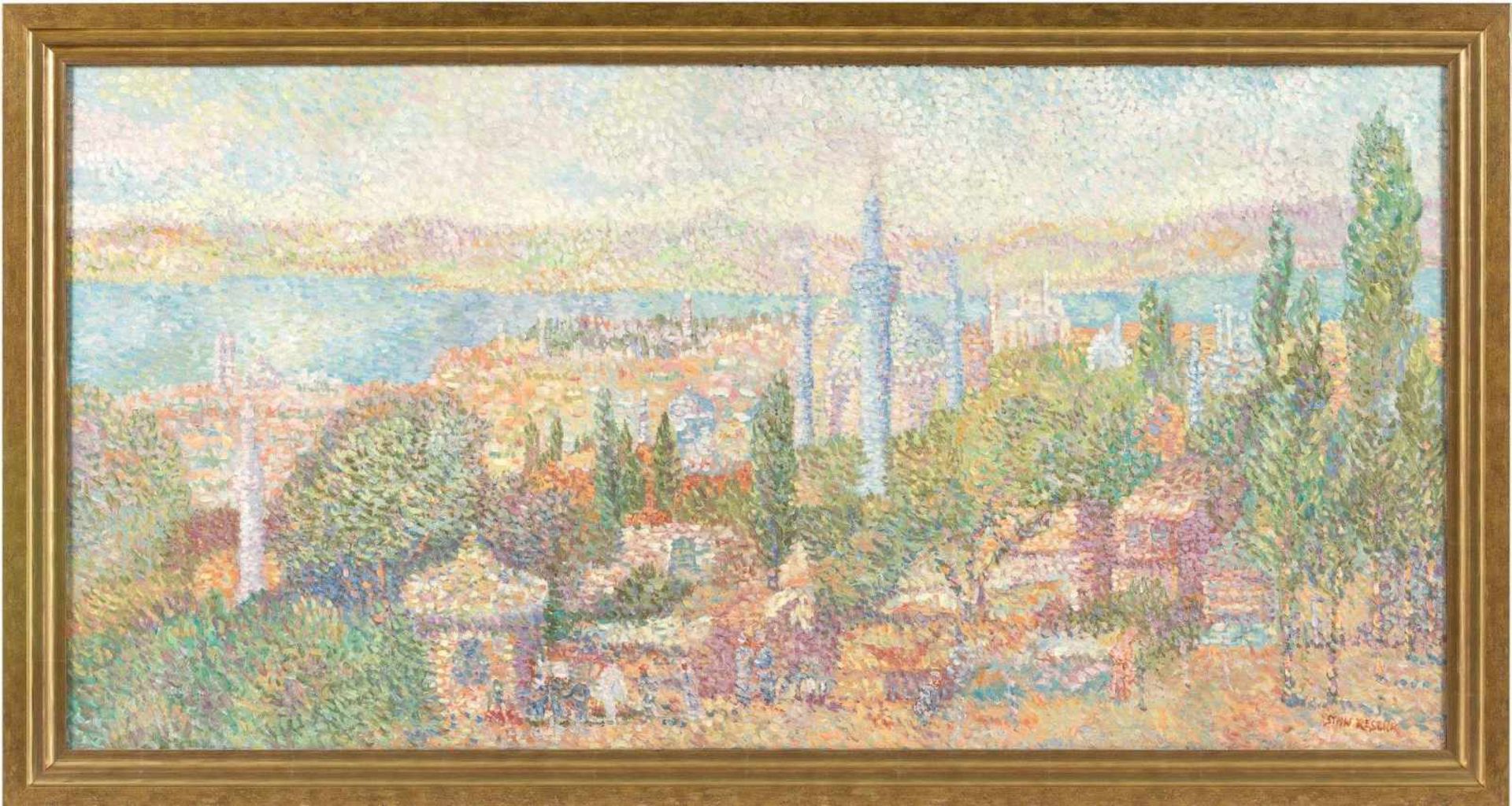 Reszka, Stan (geb. 1924, lebt in Paris) Istanbul 1951.Pointilistische Stadtansicht. Sign. Lwd. 60×