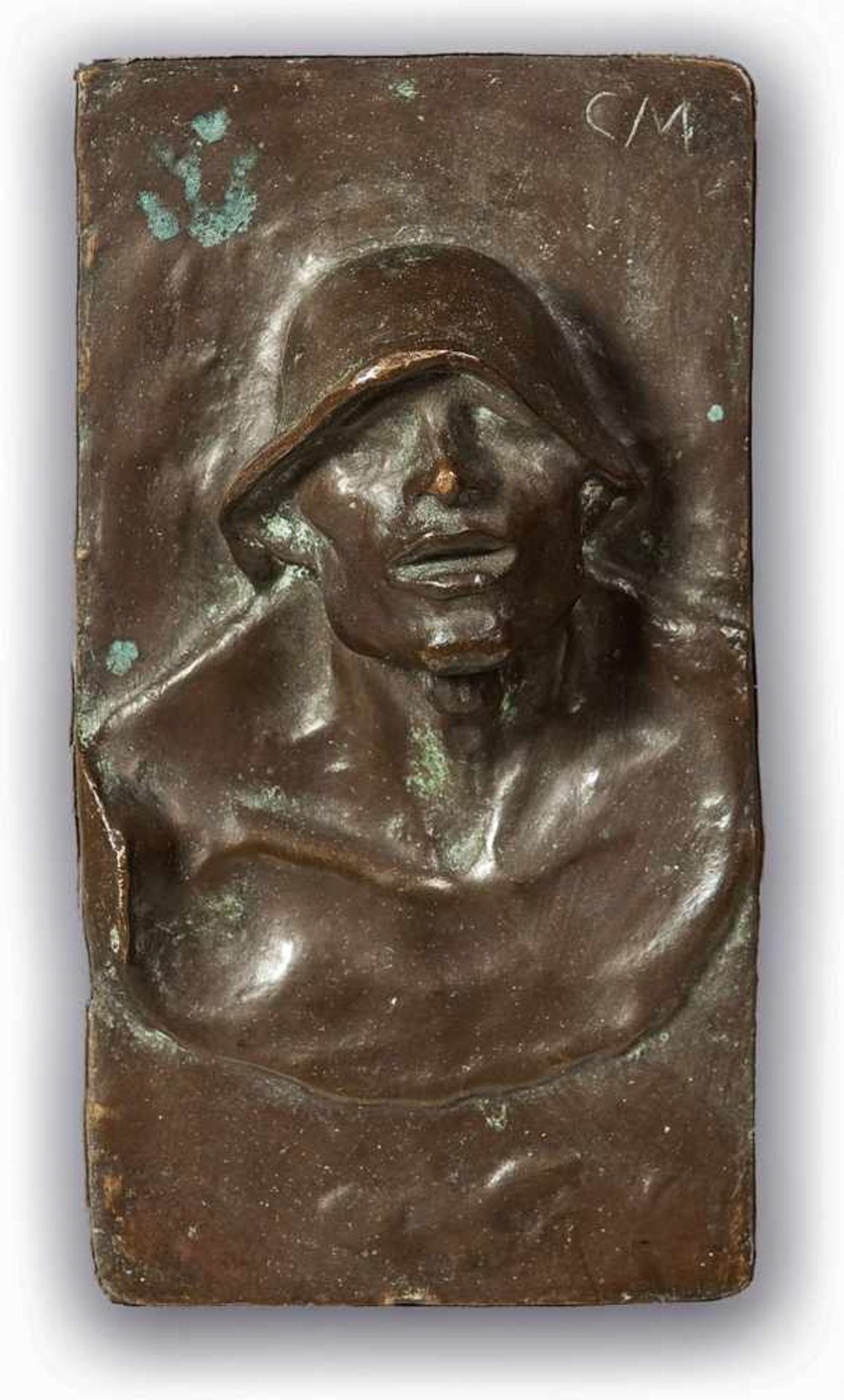 Meunier, Constantin (1831–1905) Kl. Reliefplatte mit dem Kopf eines Puddlers. Bronze, dunkel