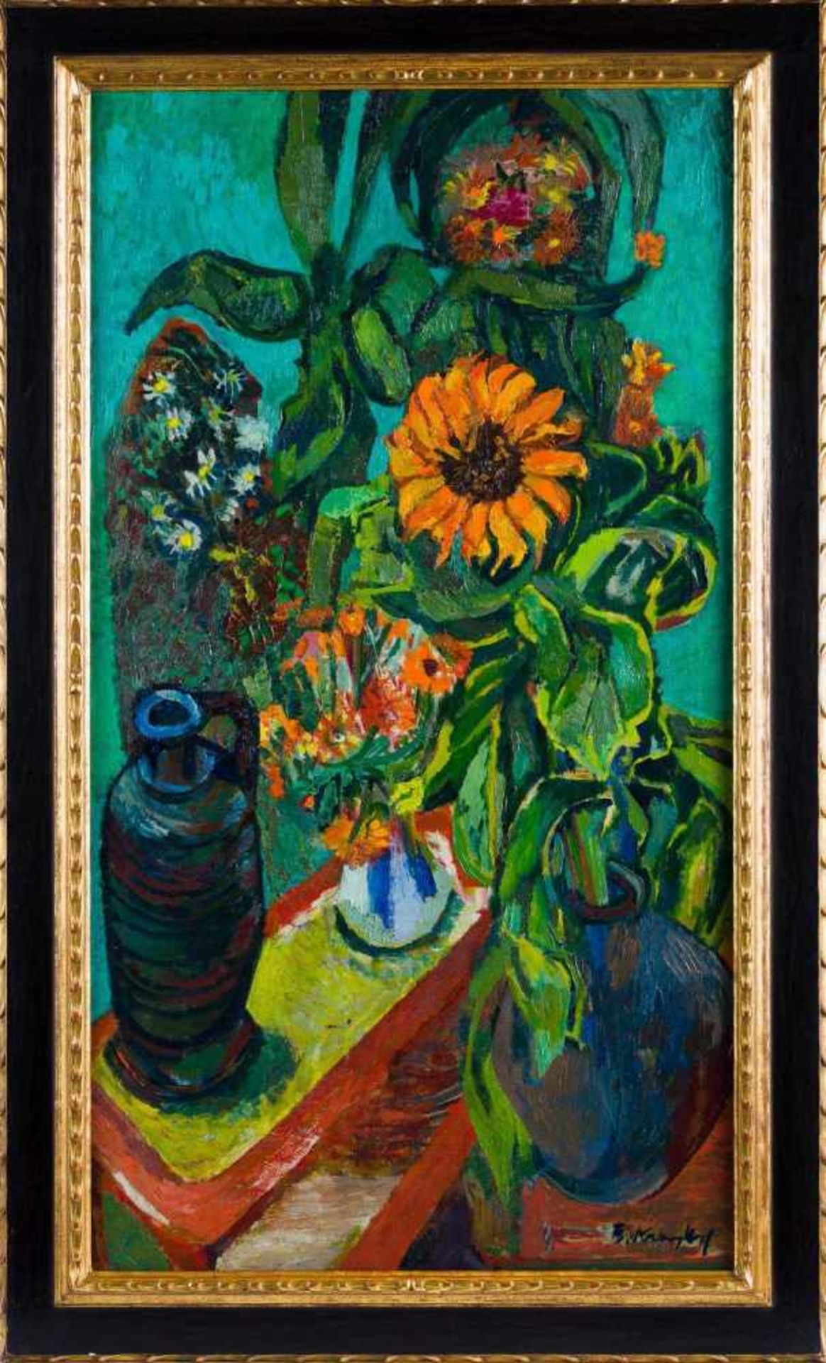 Krauskopf, Bruno (Marienburg, Berlin 1892-1960) Stilllebenmit Sonnenblume, Blattpflanzen und drei