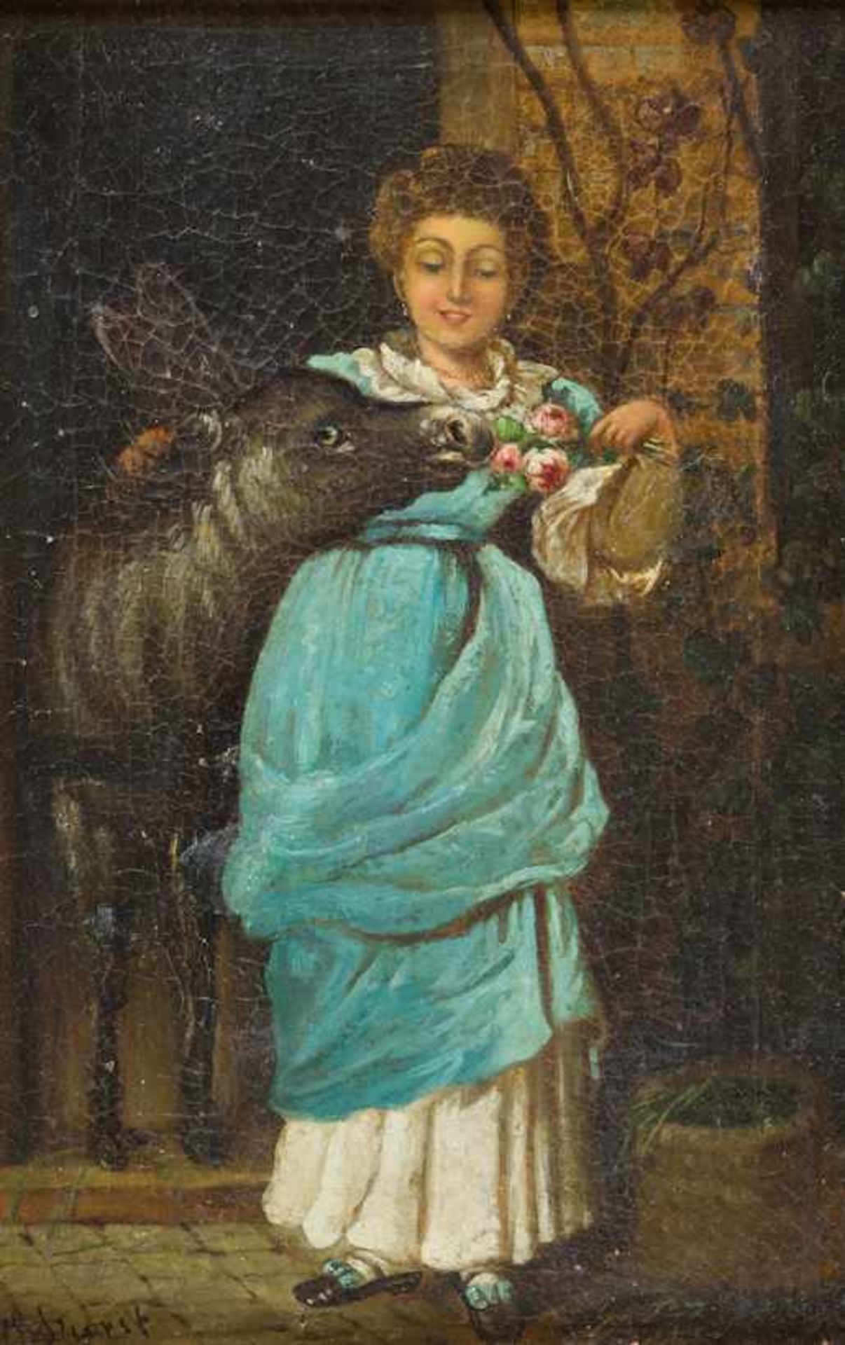 Durst, Joseph (Wien, Brixen 1878–1950) Junge Frau, einem Esel einen Rosenstrauß vors Maul haltend.