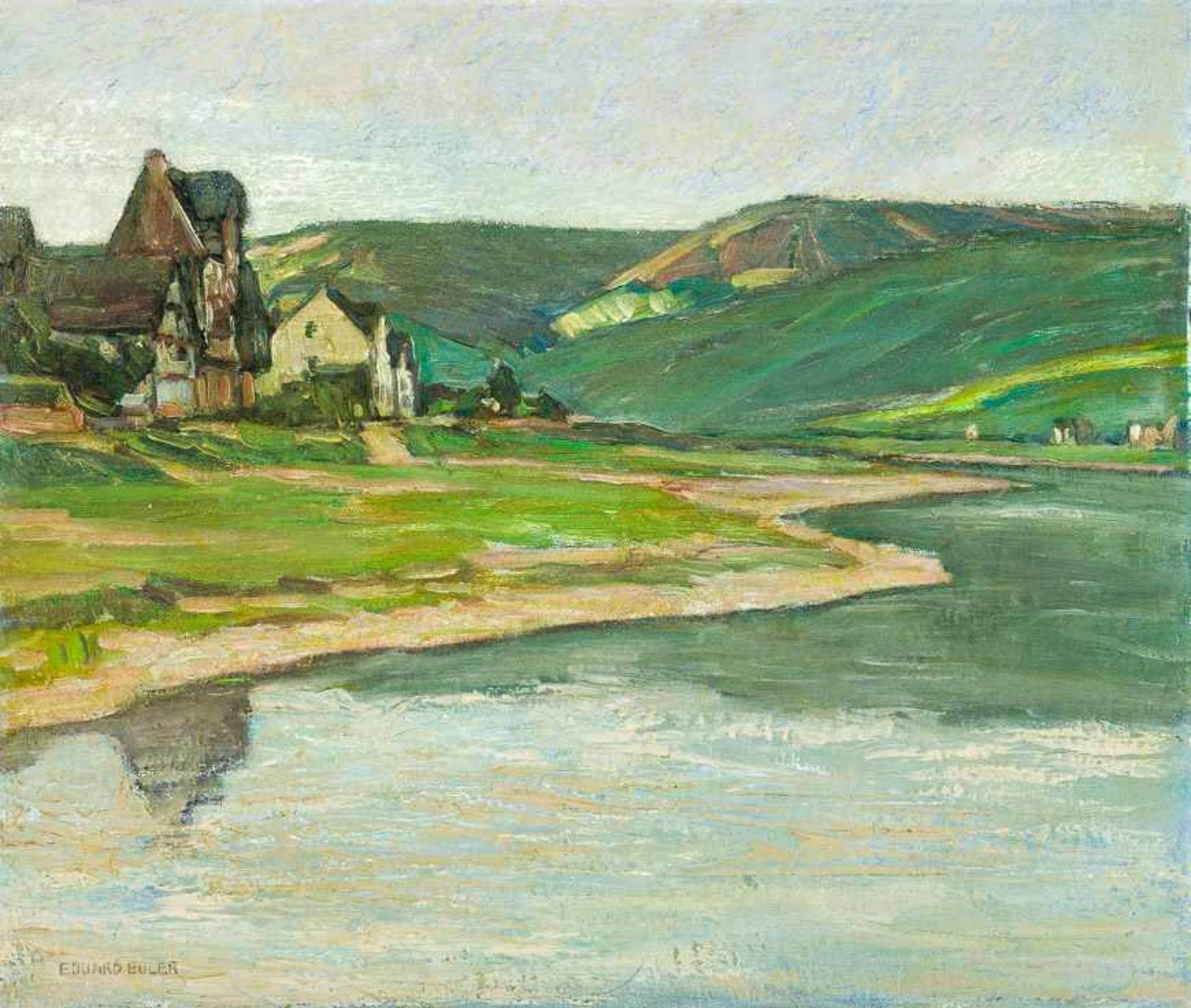 Euler, Eduard (Düsseldorf, 1867–1931) Mosellandschaft.Flussschleife und Häuser an grauem Regentag.