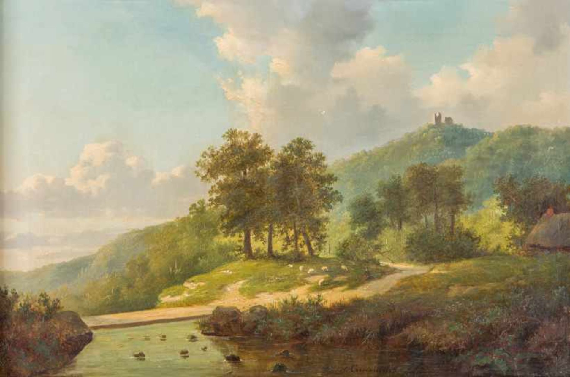 Coomans, A. (um 1865) Hügelige Flusslandschaft mit Burgruine und Schafherde. Sign. u. dat. Lwd. 48×