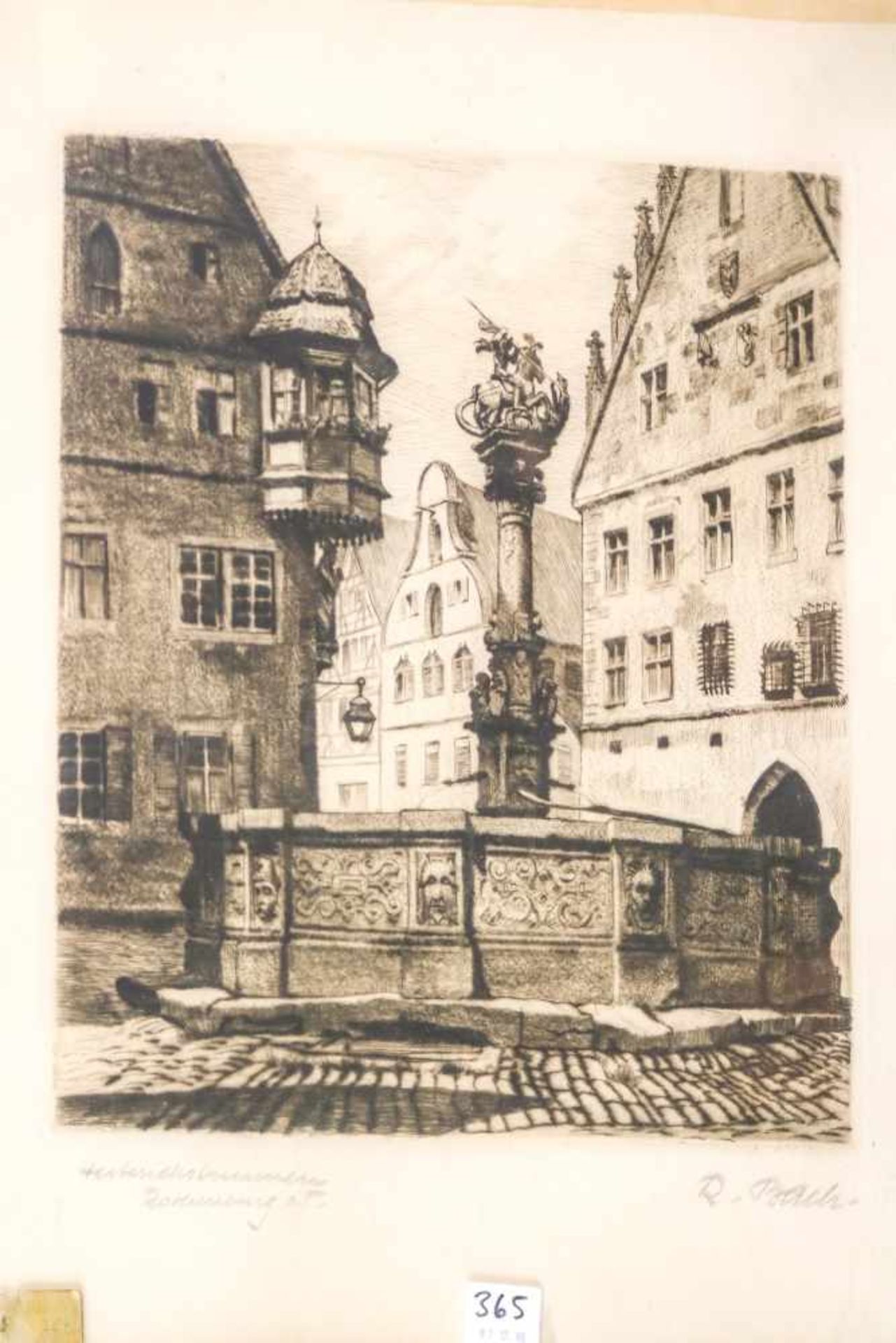 Rothenburg.Hertherichsbrunnen. Radierung. Sign. R. Bach und beschriftet. 29×24 cm. R.(48252)