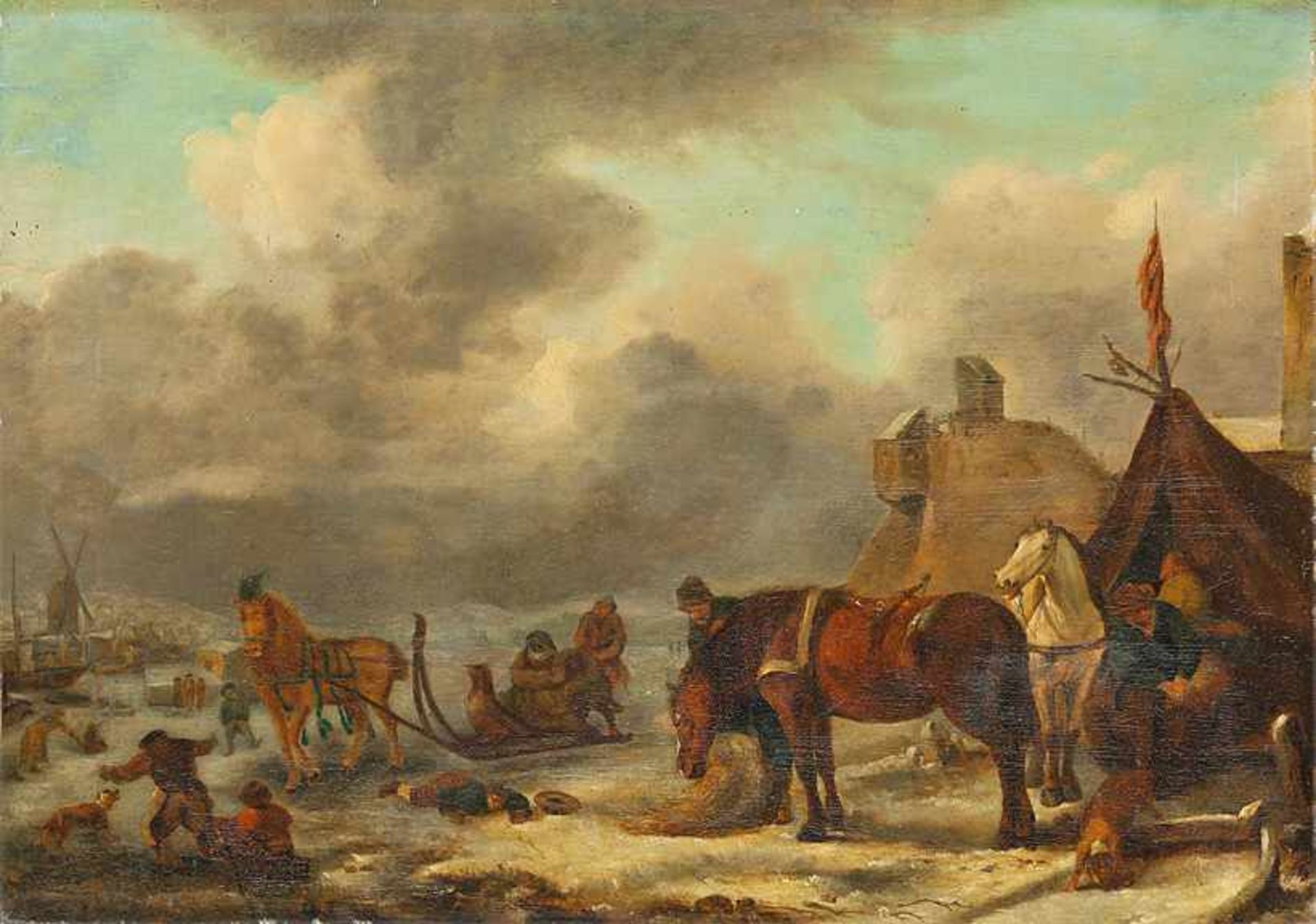 Holländisch (18./19. Jh.) Winter am Fluss.Auf dem zugefrorenen Wasser zahlreiche Bauern und