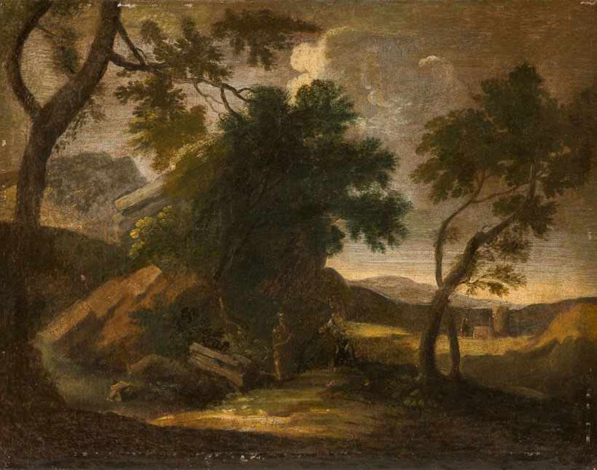 Neapolitanischer Maler (17. Jh.) Alttestamentarische Szene im Wald.Rückseitig alter Zettel und