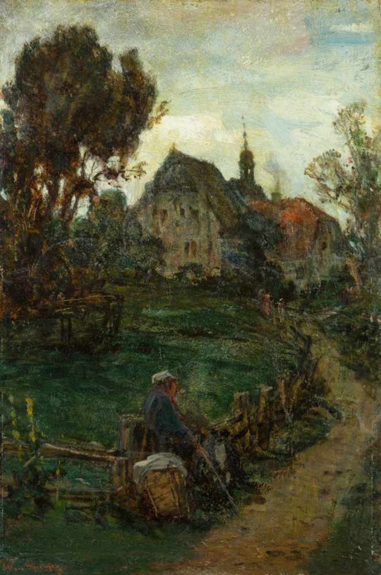 Amberg, Wilhelm (Berlin 1822-1899) Beschauliche Rast.Wanderer mit Hund und abgesetzter Kiepe an