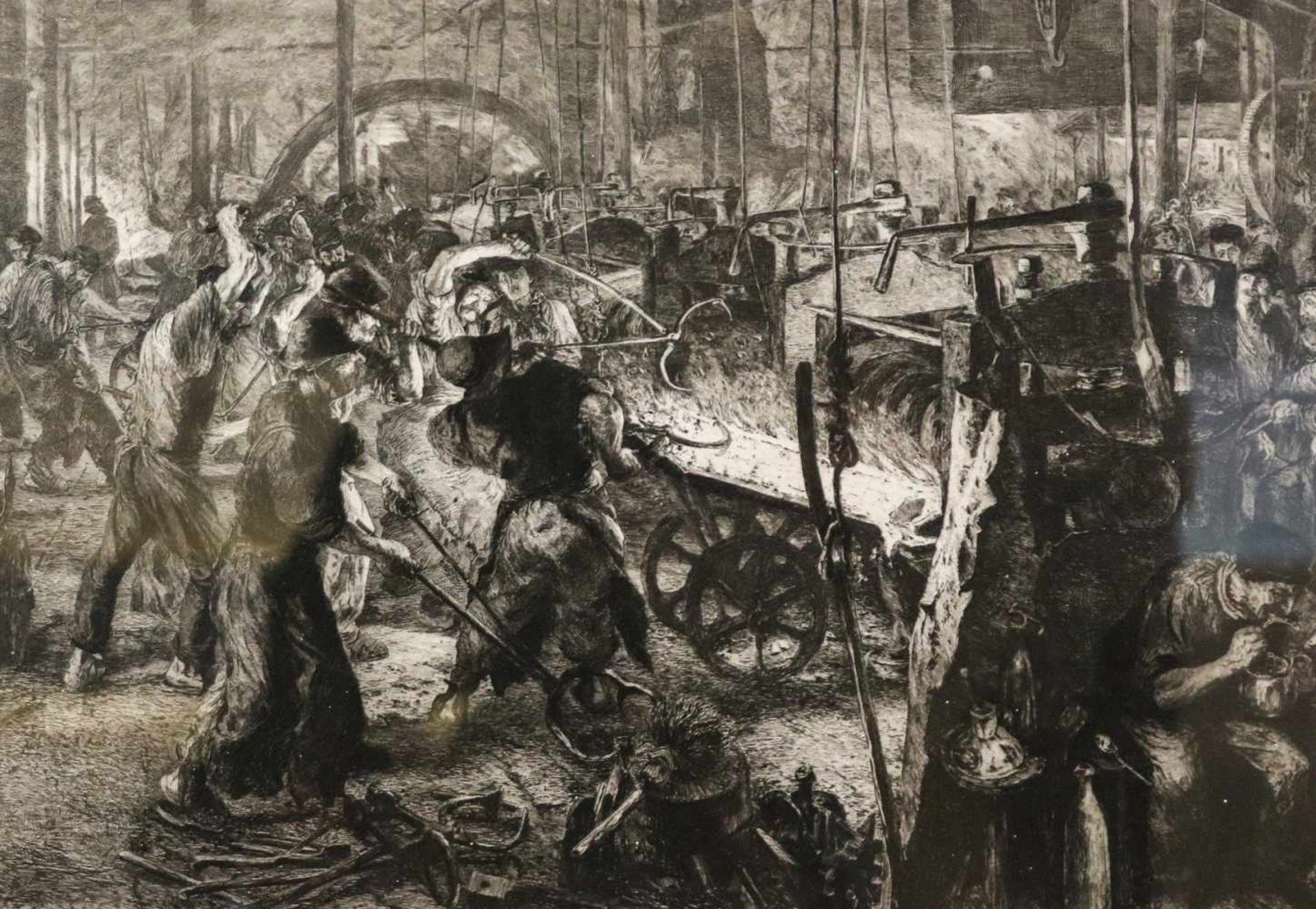 Menzel, Adolf von (Breslau, Berlin 1815-1905) , nach Das Eisenwalzwerk.Radierung nach dem Gemälde