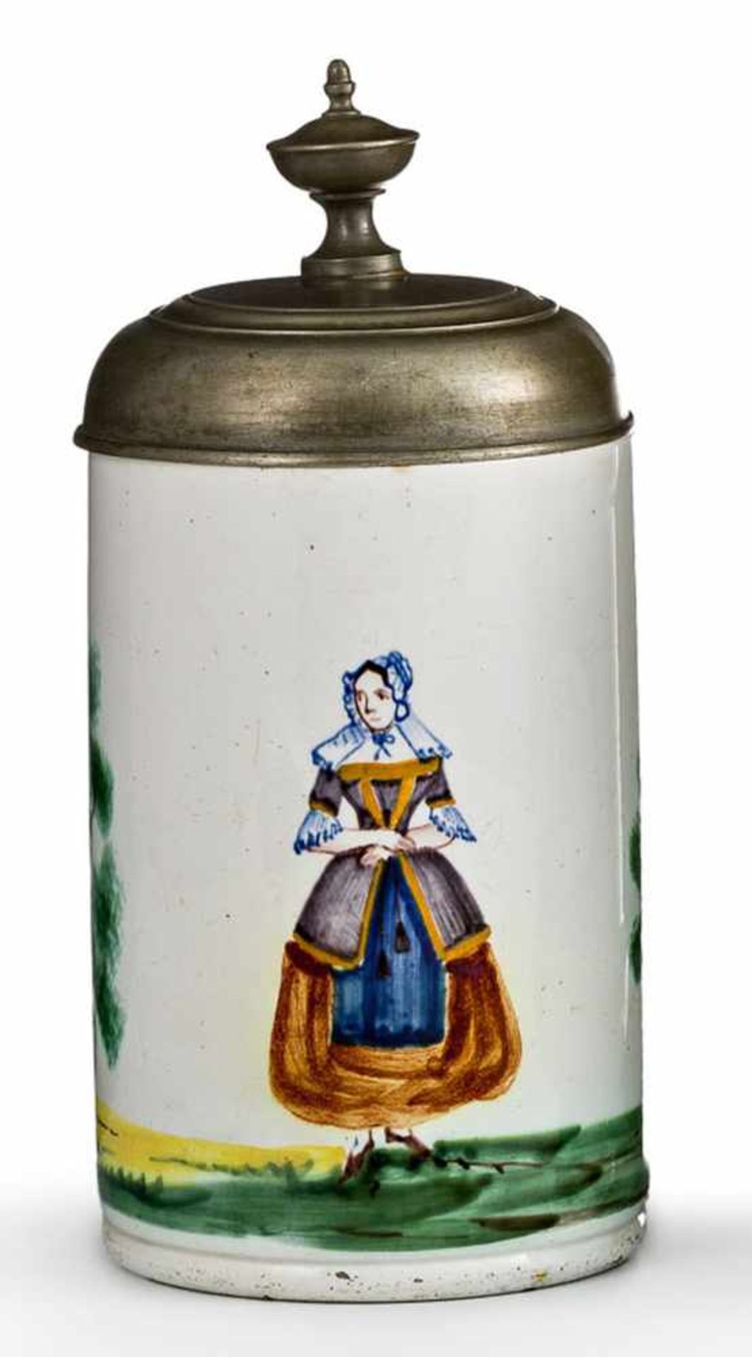 Humpen mit glattem ZinndeckelMagdeburg, um 1800Steingut. Zylindrisch. Bemalt in Grün, Gelb, Braun