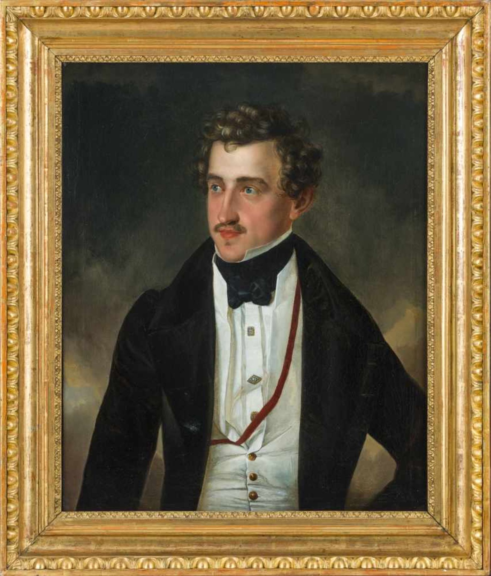Deutscher Porträtmaler (um 1820) Junger blondgelockter Herrmit weißer Weste und schwarzem Rock.