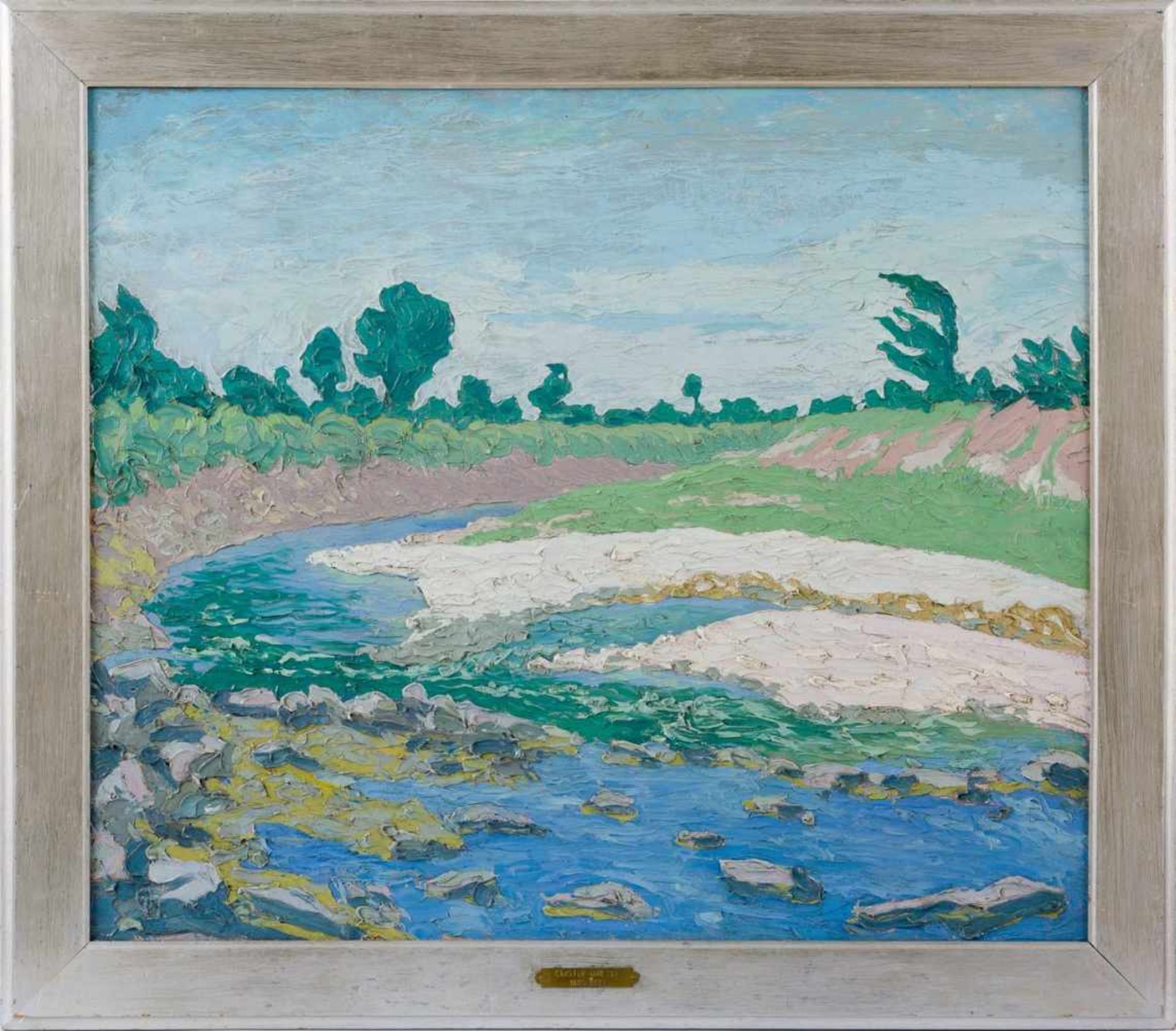 Drexel, Hans Christof (1886-1979) Der Atzbach bei Lenggries.Oberbayern. 1936. Monogr. Lwd. 67×78 cm.