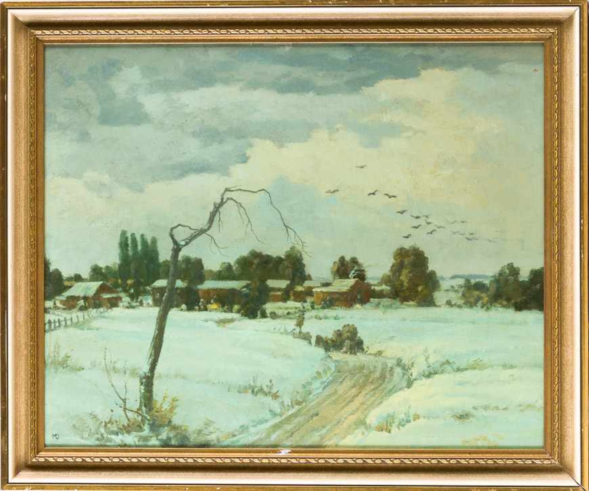 Dürschke, Max (Breslau 1875– nach 1945) Kleine verschneite Dorfhäuser mit Krähenschwarm. Monogr.