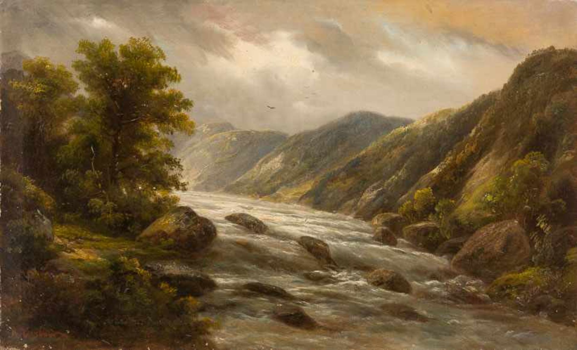 Bertold, A. (um 1880) Wasserfall.Samaden, Schweiz. Sign. Lwd. (4 rep. Löcher). 50×81 cm. R.(57228)