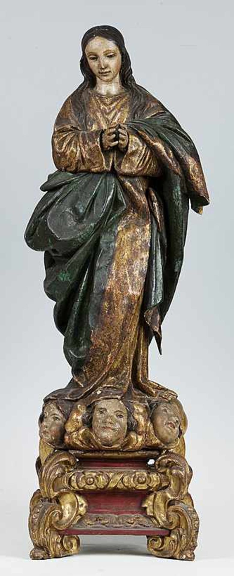 Spanien (Um 1700) Maria Immaculata.Holz, geschnitzt, farbig gefasst. Standfigur mit betend