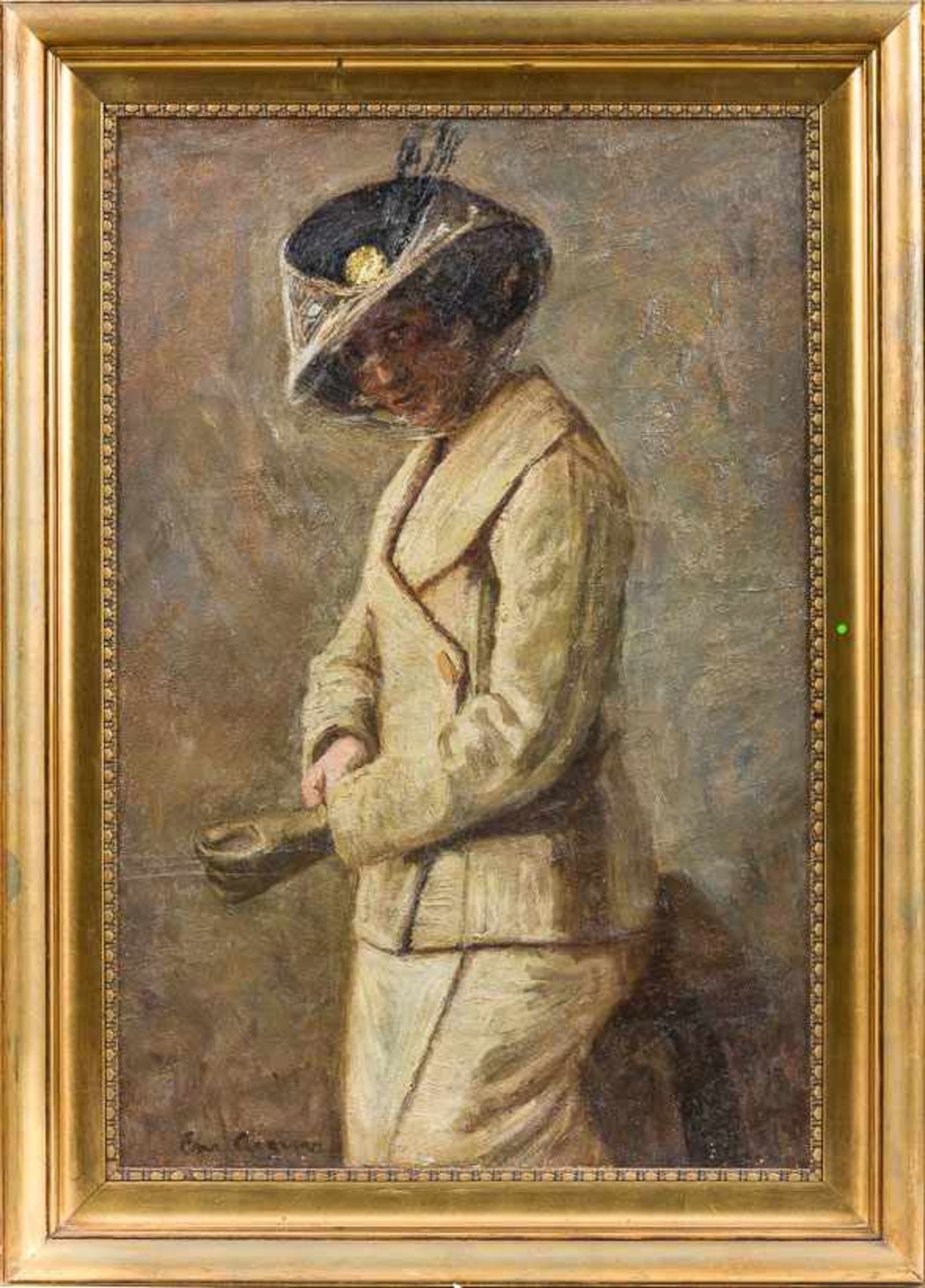 Aigens, Christian (1870-1940) Damein Straßenkostüm und Hut, beim Überstreifen des Handschuhs.