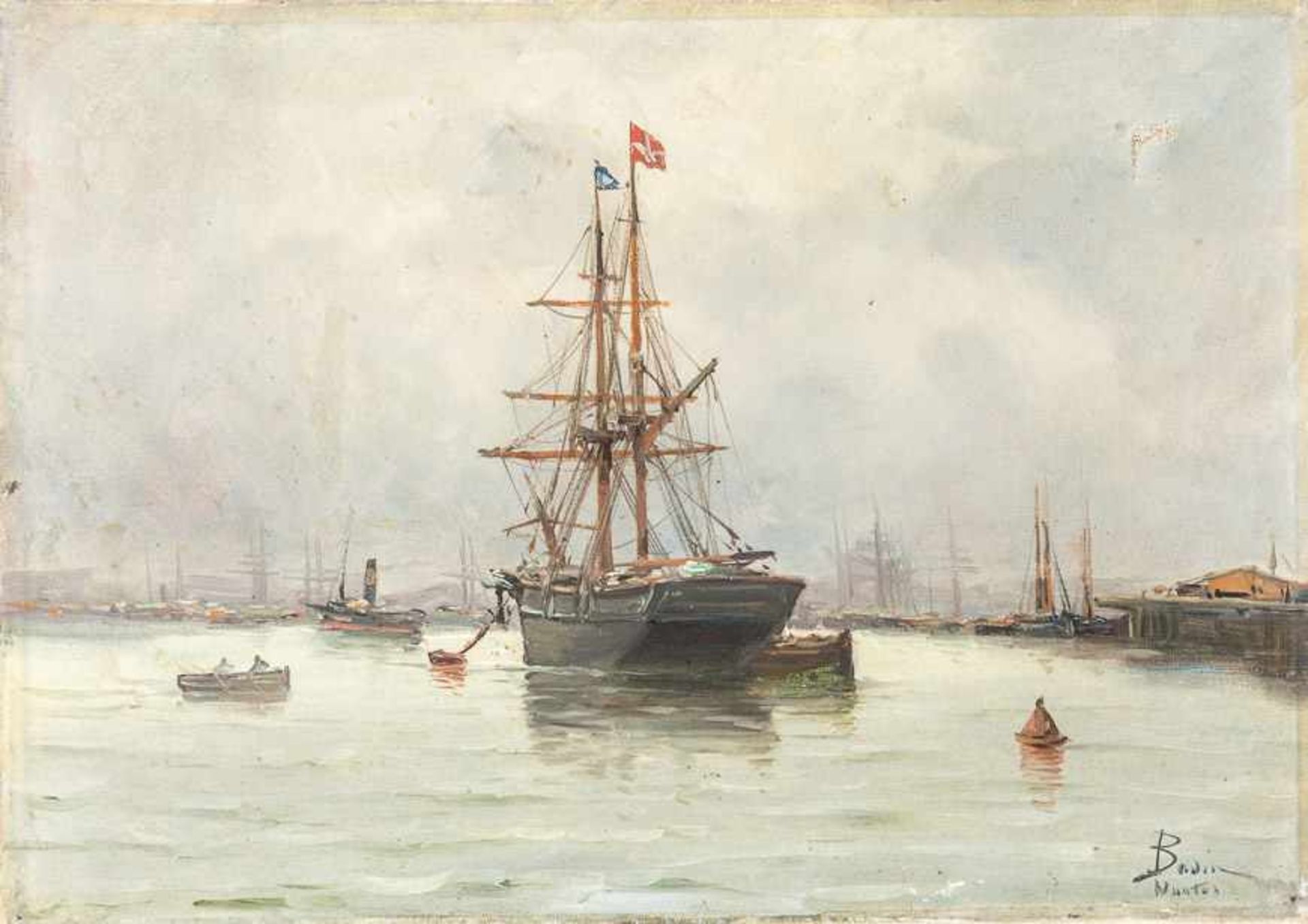 Französischer Marinemaler Bodin (2. H. 19. Jh.) Im Hafen von Nantes.Abgetakelter Dreimaster und