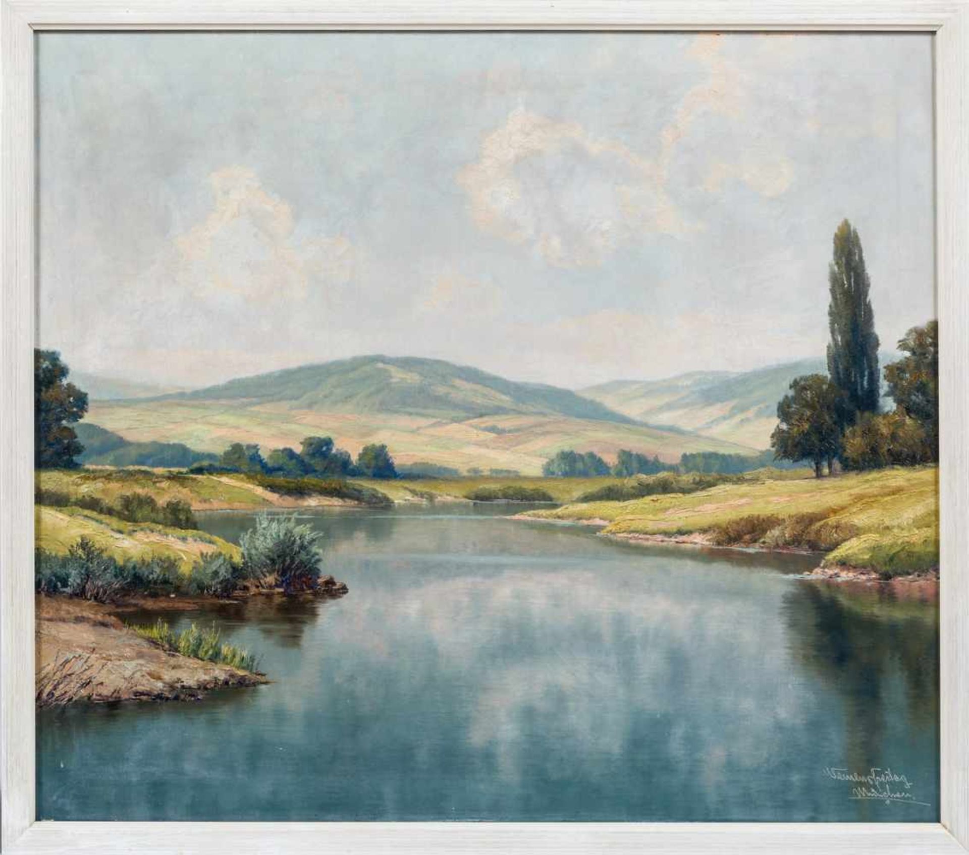 Freitag, Clemens (1883-1960)Hügellandschaft und FlussSign. u. Ortsbez. München. Lwd. 70×80 cm. R.(