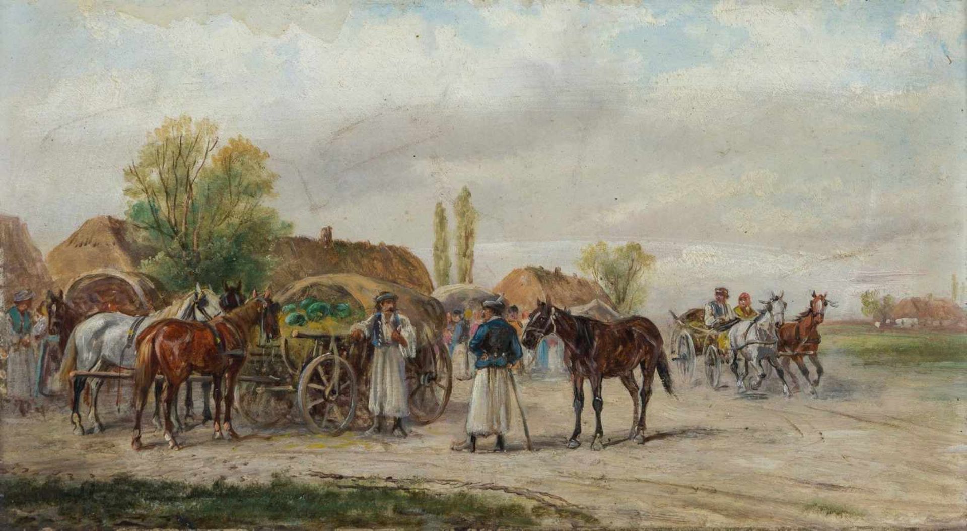 Derfla, Anton Rudolf (geb. 1849)Pferdemarkt bei Oedenburg. Pferdemarkt bei ComornUngarn. Zwei