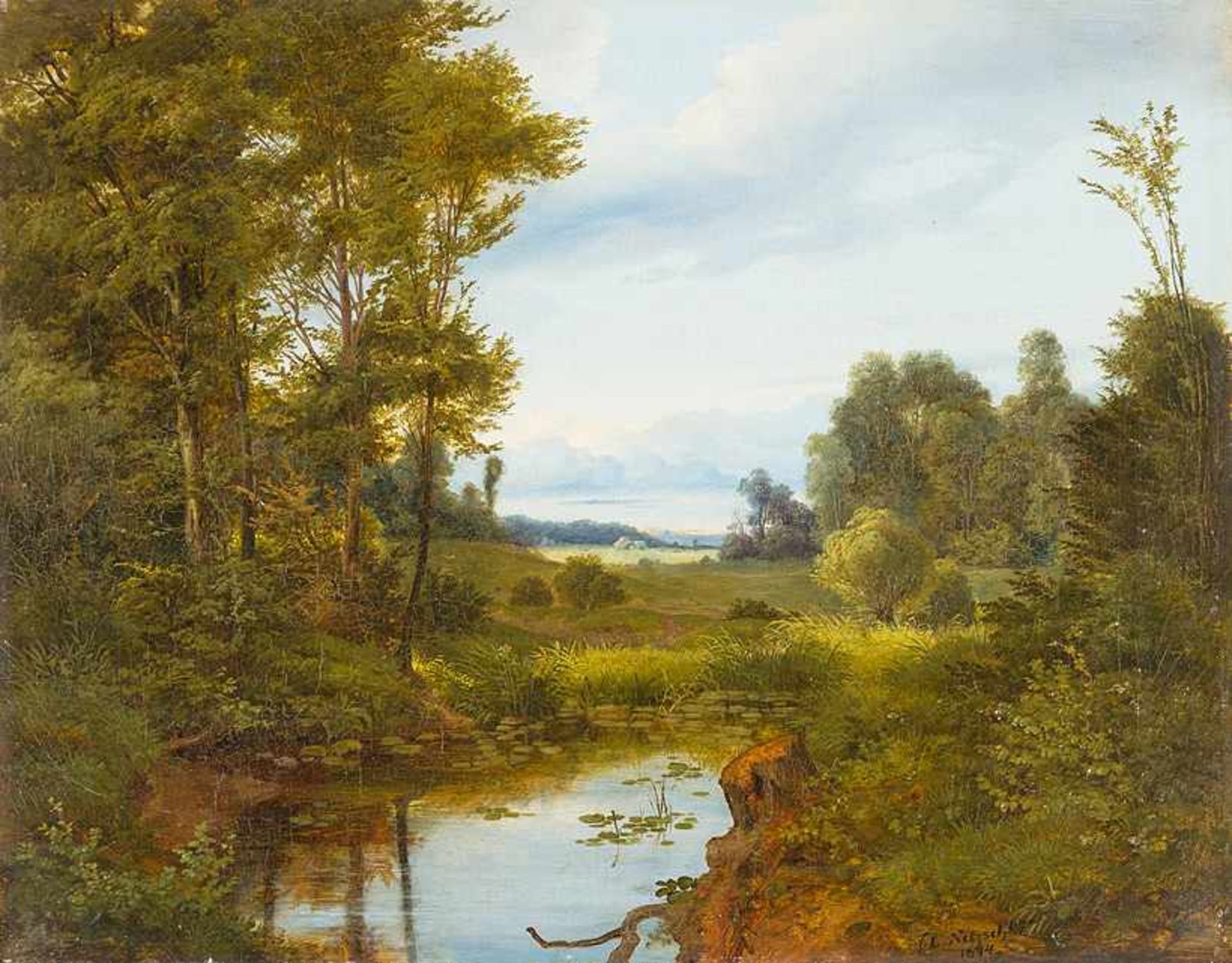 Nitzschke, Ludwig (1822–1850)Oberbayerische Gebirgslandschaftmit verblauenden Bergen, See und