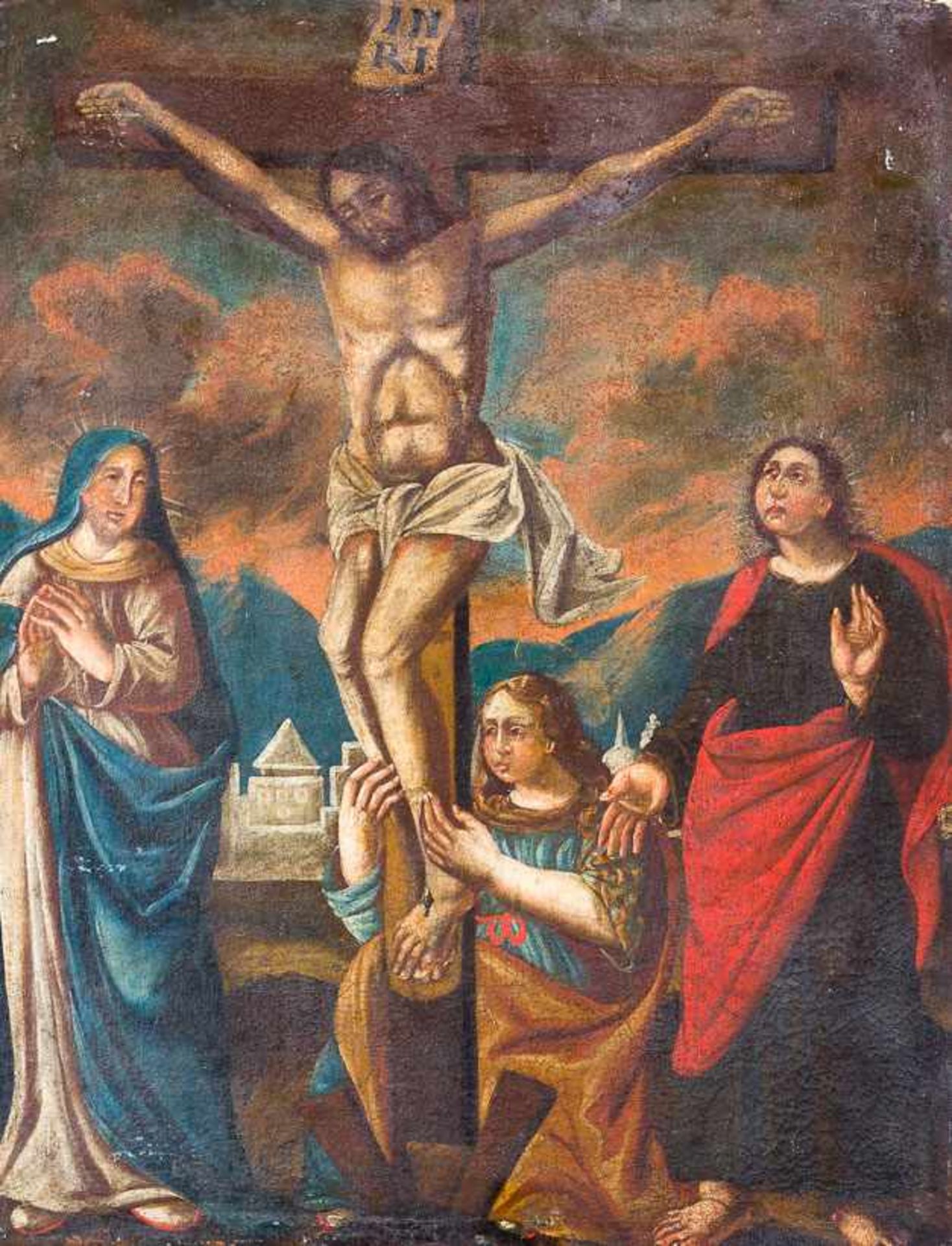 Deutscher Maler (17. Jh.)Kreuzigung ChristiUnter dem Kreuz Maria, Maria Magdalena und Johannes der