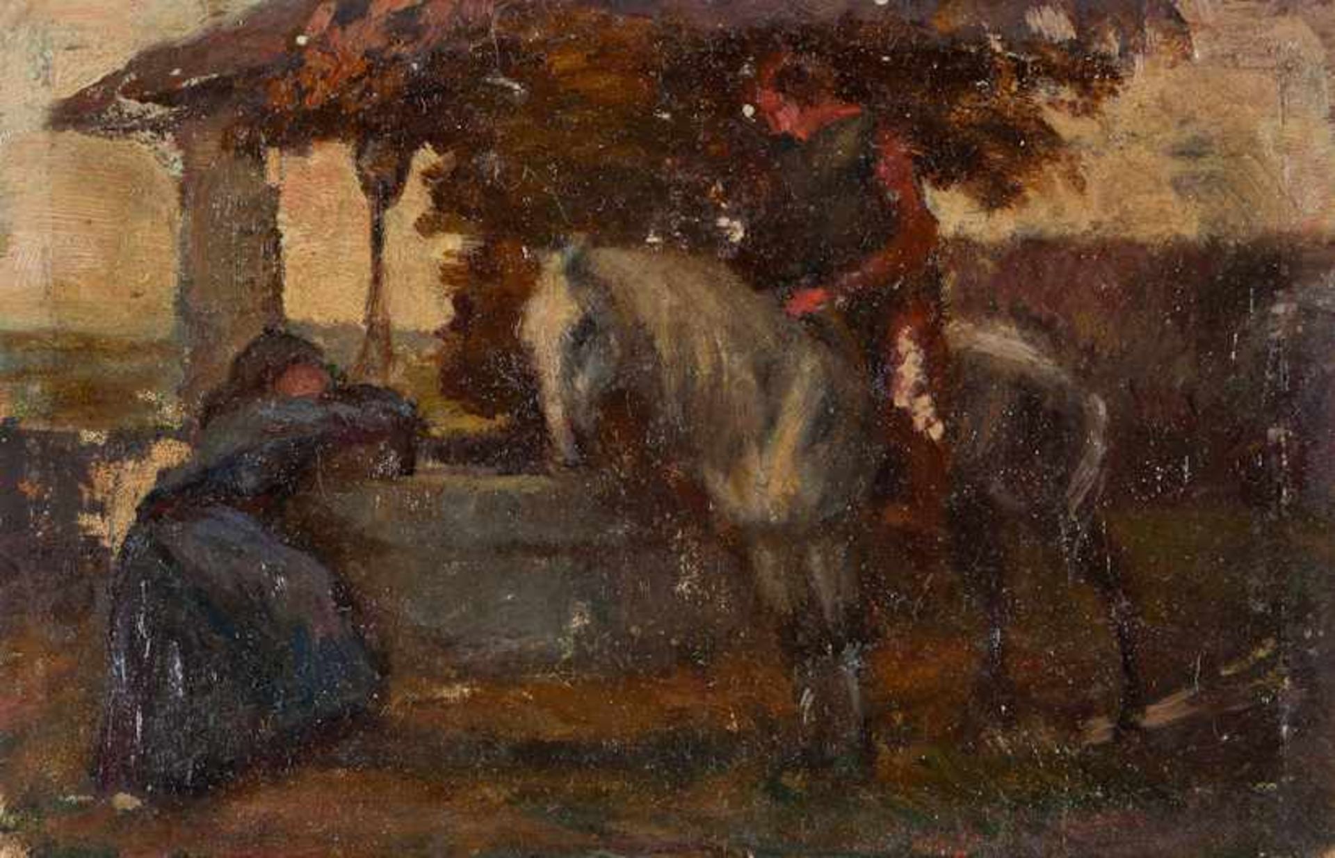 Unbekannter Maler (um 1900)Abend am BrunnenReiter im Gespräch mit Wasser holender Magd. Ölstudie.