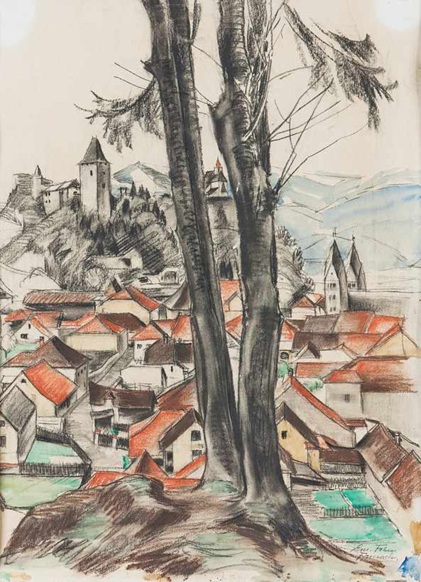 Fohn, Emanuel (Klagenfurt, Bozen 1881–1966)Blick auf Friesach in KärntenPastell und Aquarell.