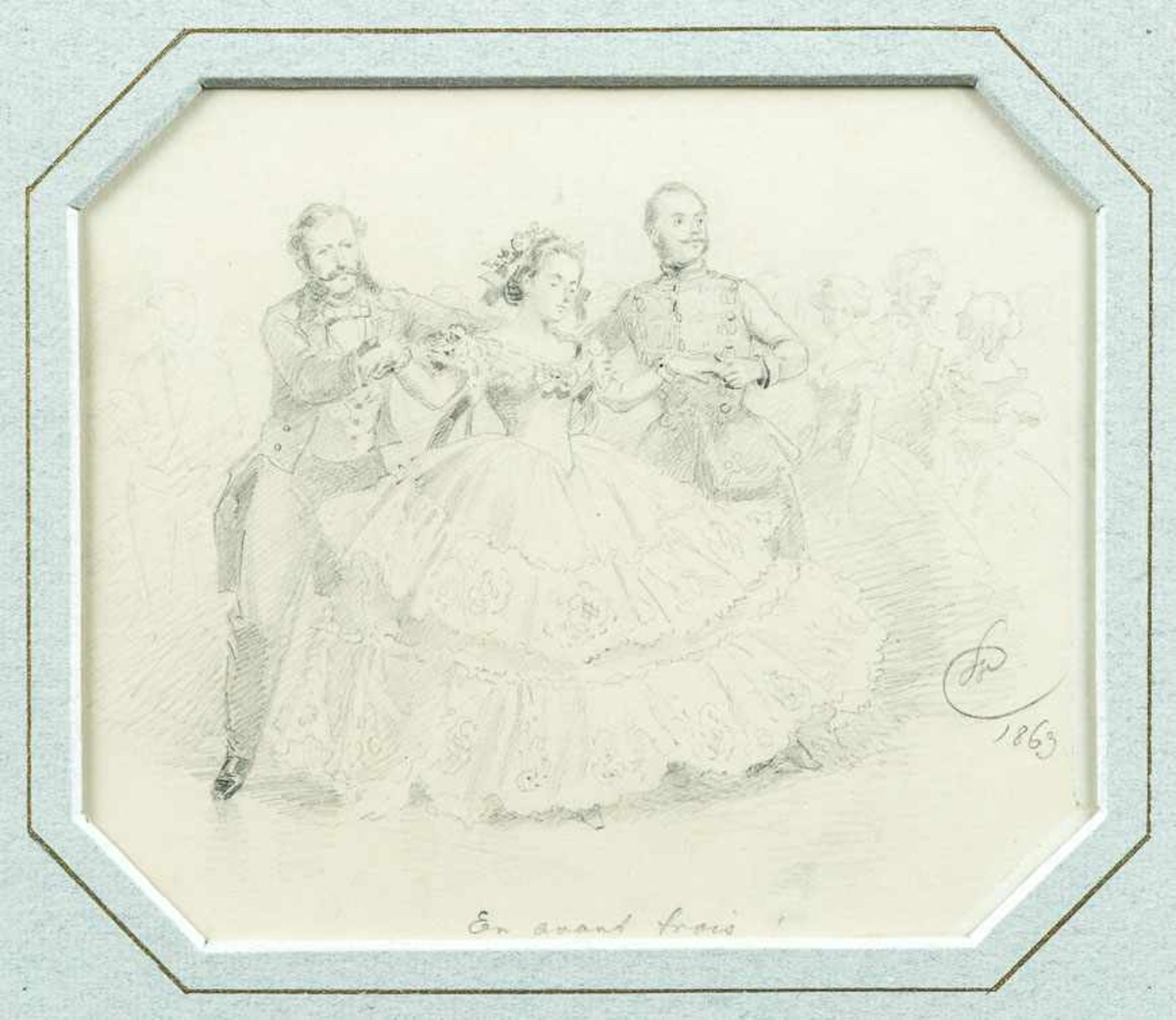 Camphausen, Wilhelm (1818-1885)En avant troisTanzvergnügen mit Dame und 2 Kavalieren. Monogr. u.