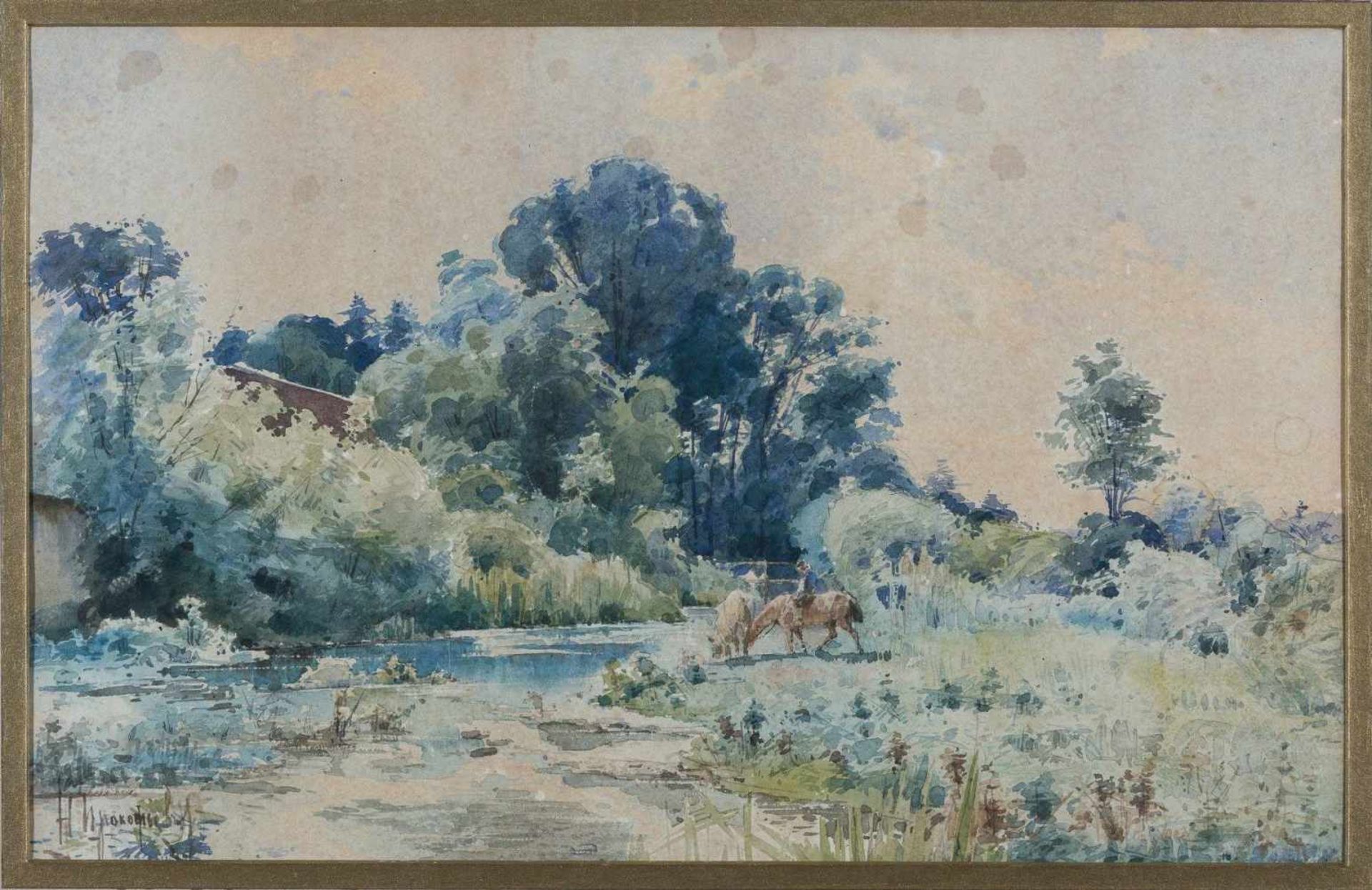 Prokofiev, Nikolai Dmitrievich (1866-1912)Flusslandschaftmit Dorfhäusern und Bauer mit 2 Pferden