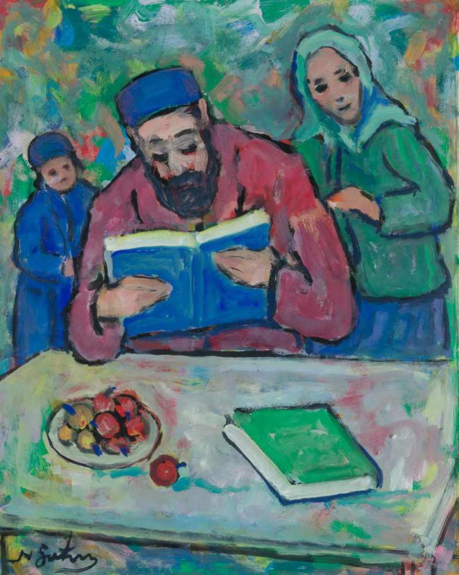 Gutmann, N. (20. Jh.)AbendandachtFamilienvater, seiner Frau und seinem Sohn aus Gebetbuch vorlesend.